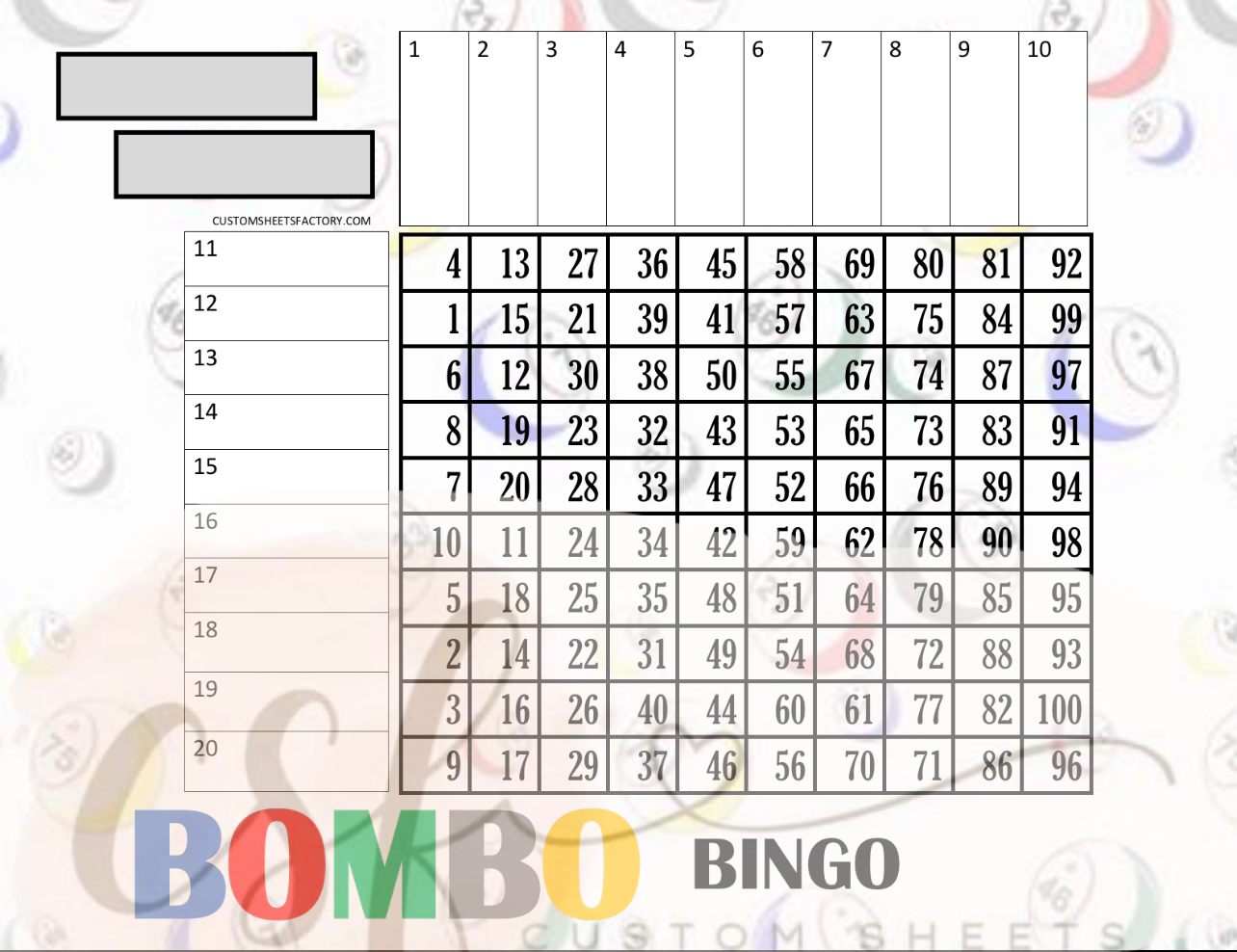 Bombo Bingo Grid - 20 Line - 100 Ball