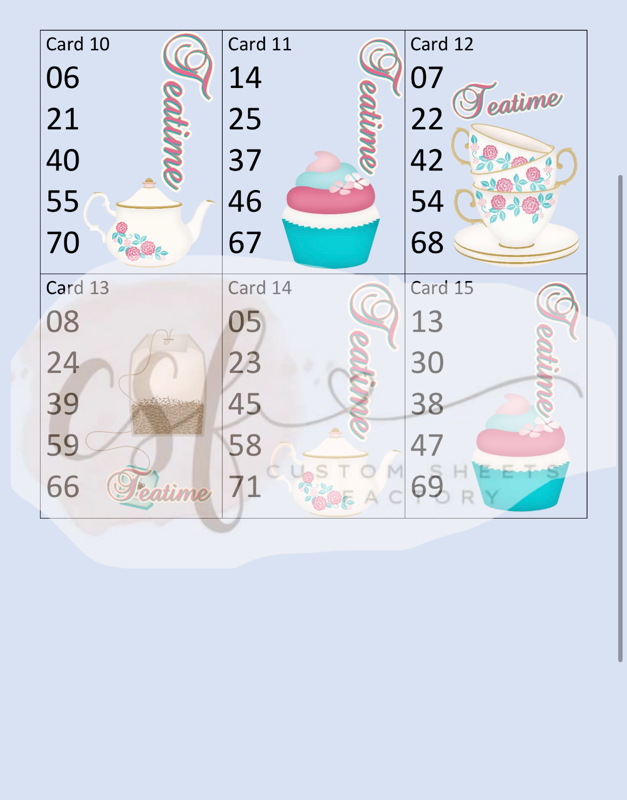 Tea Time Holders - 5 Number - 15 Card