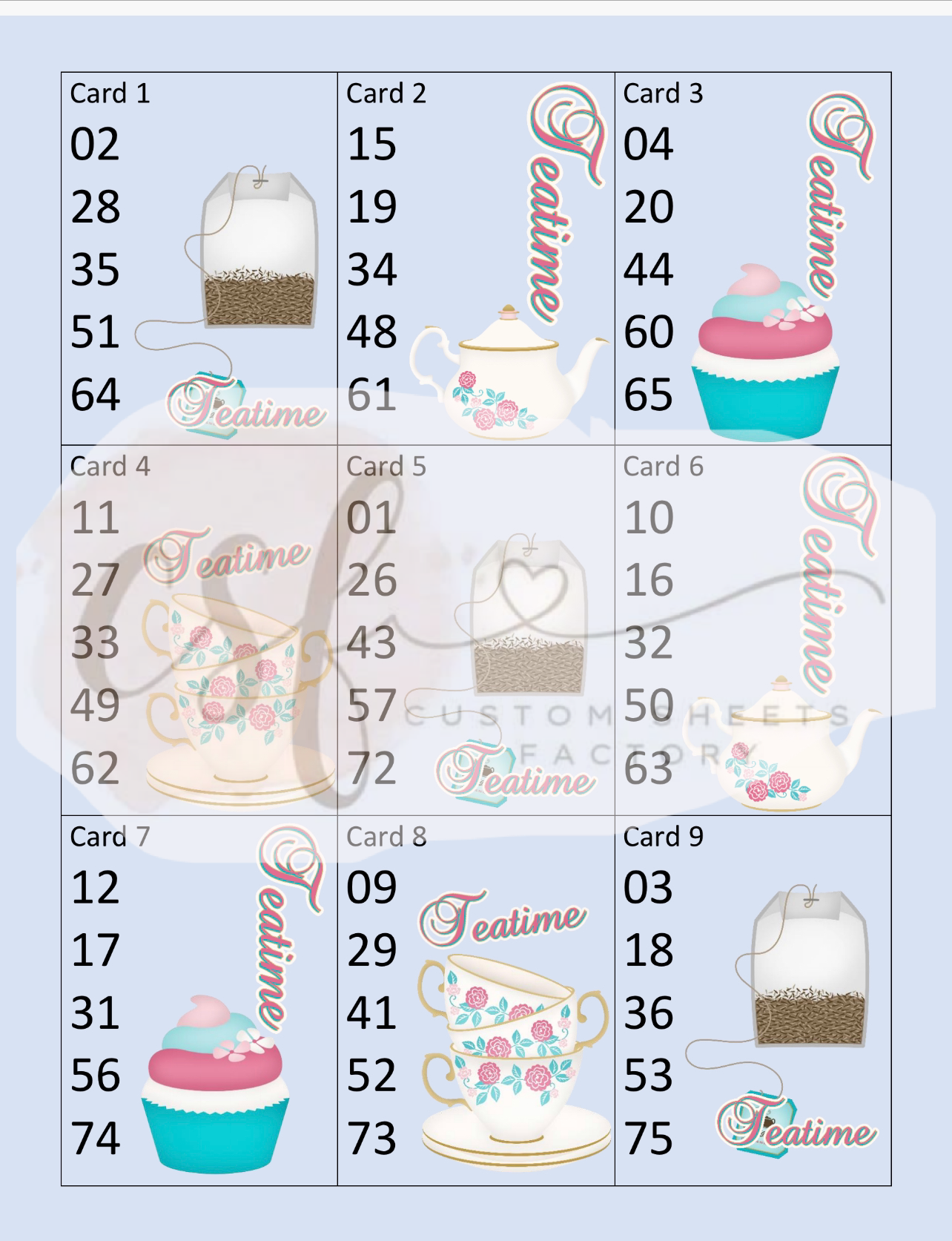 Tea Time Holders - 5 Number - 15 Card