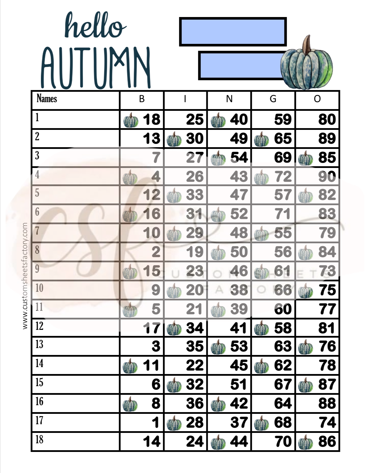 Hello Autumn Blue Pumpkin - 18 Line - 90 Ball