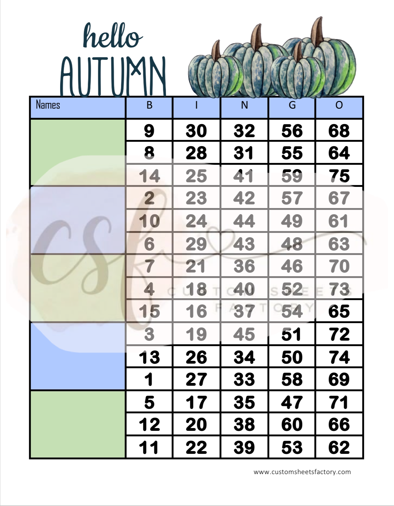 Hello Autumn Blue Pumpkin - 5 Block - 75 Ball