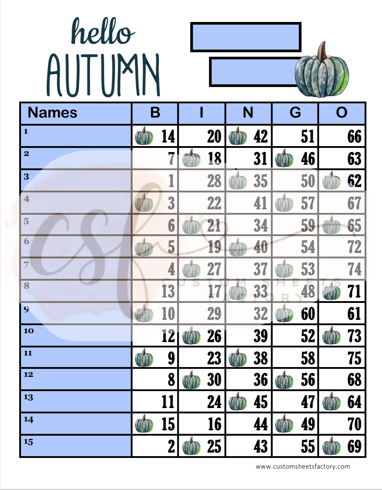 Hello Autumn Blue Pumpkin - 15 Line - 75 Ball1.0
