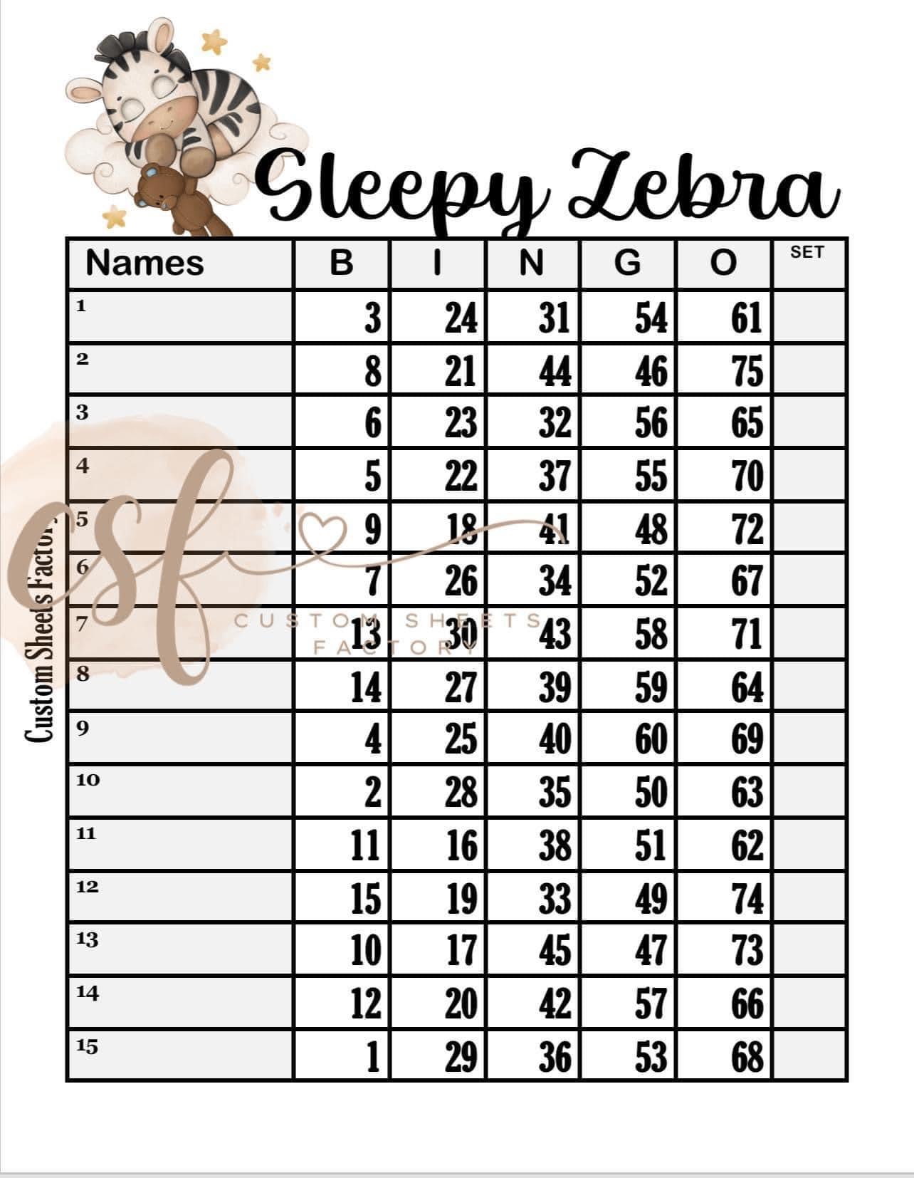 Sleepy Zebra - 15 Line - 75 Ball