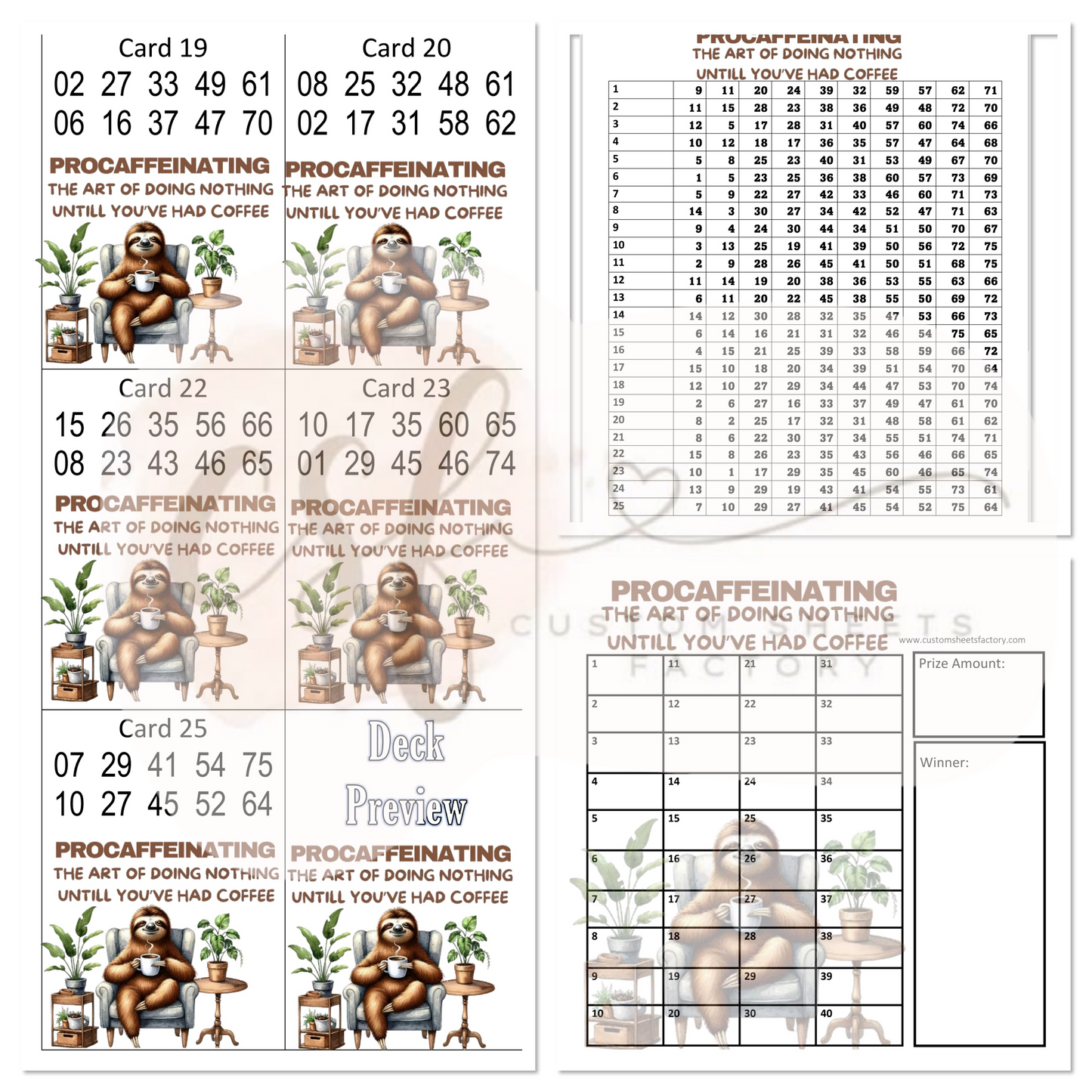 Procaffenating Sloth - Full Card - 10 Number - 25 Cards