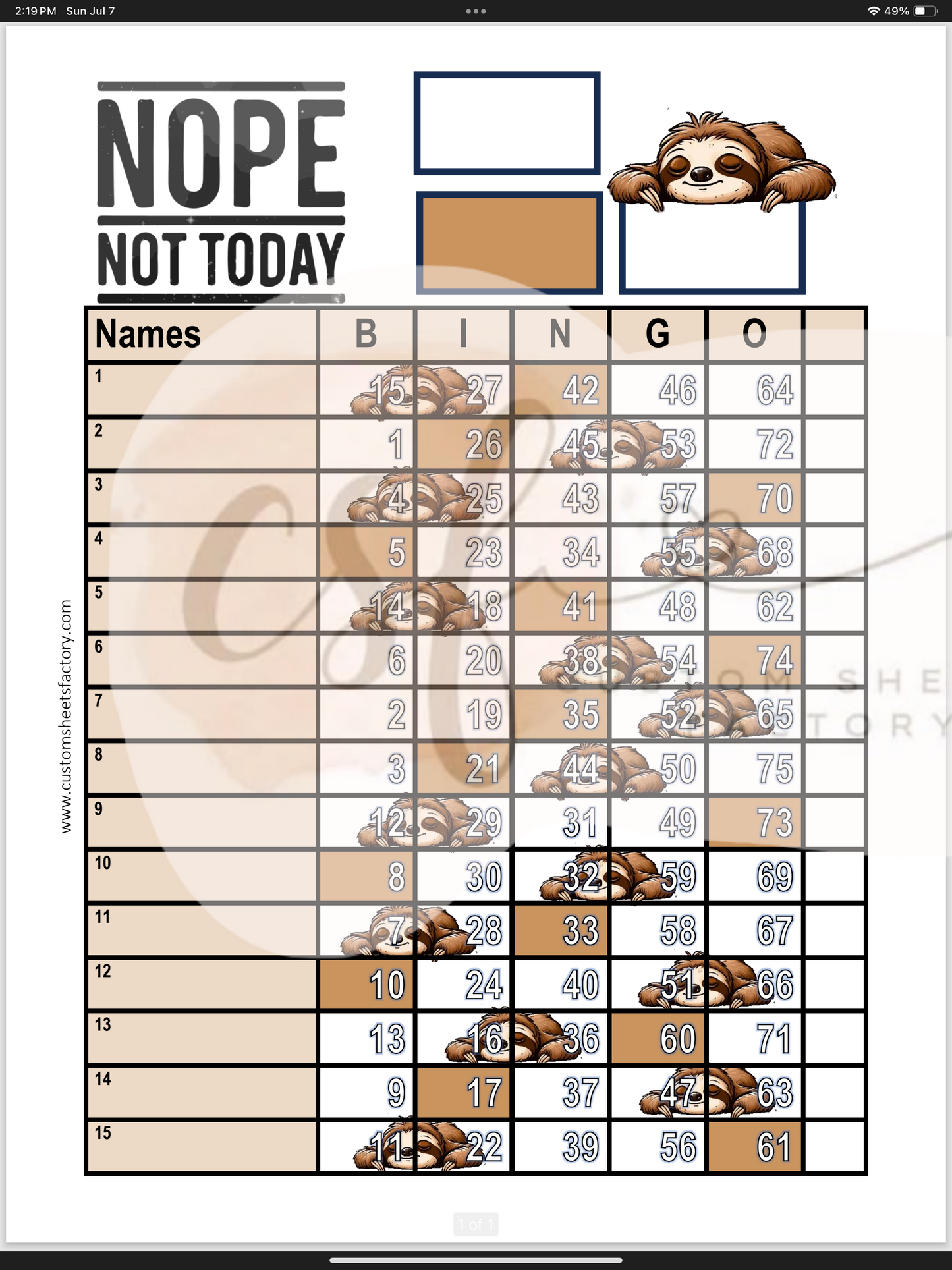 Nope Not Today Sloth - 15 Line - 75 & 90 Ball
