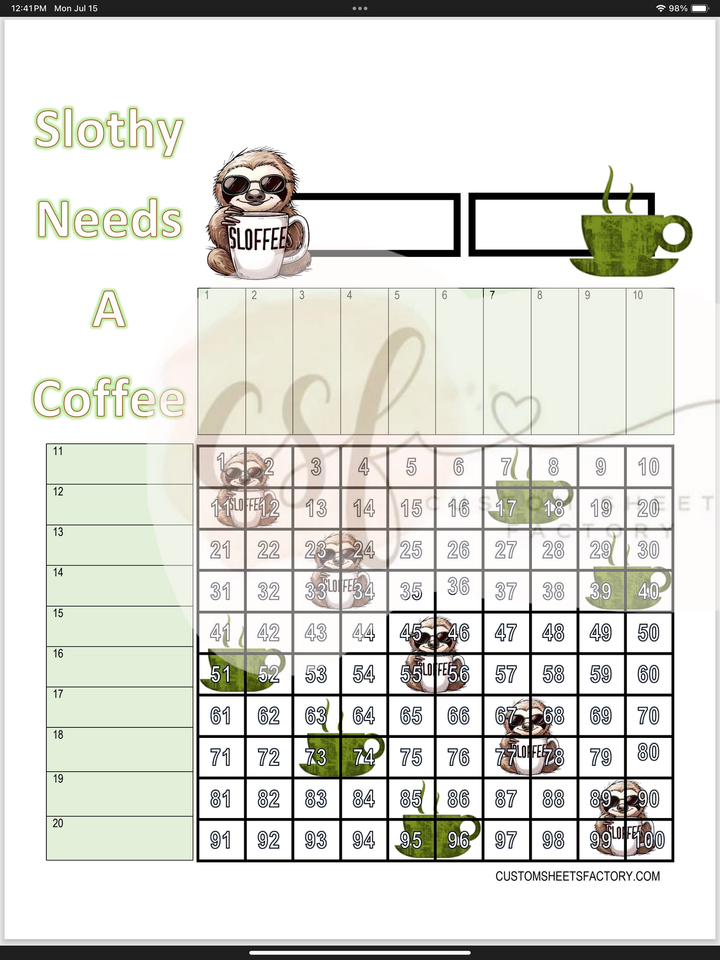 Slothy Needs a Coffee - 15 Line & Grid