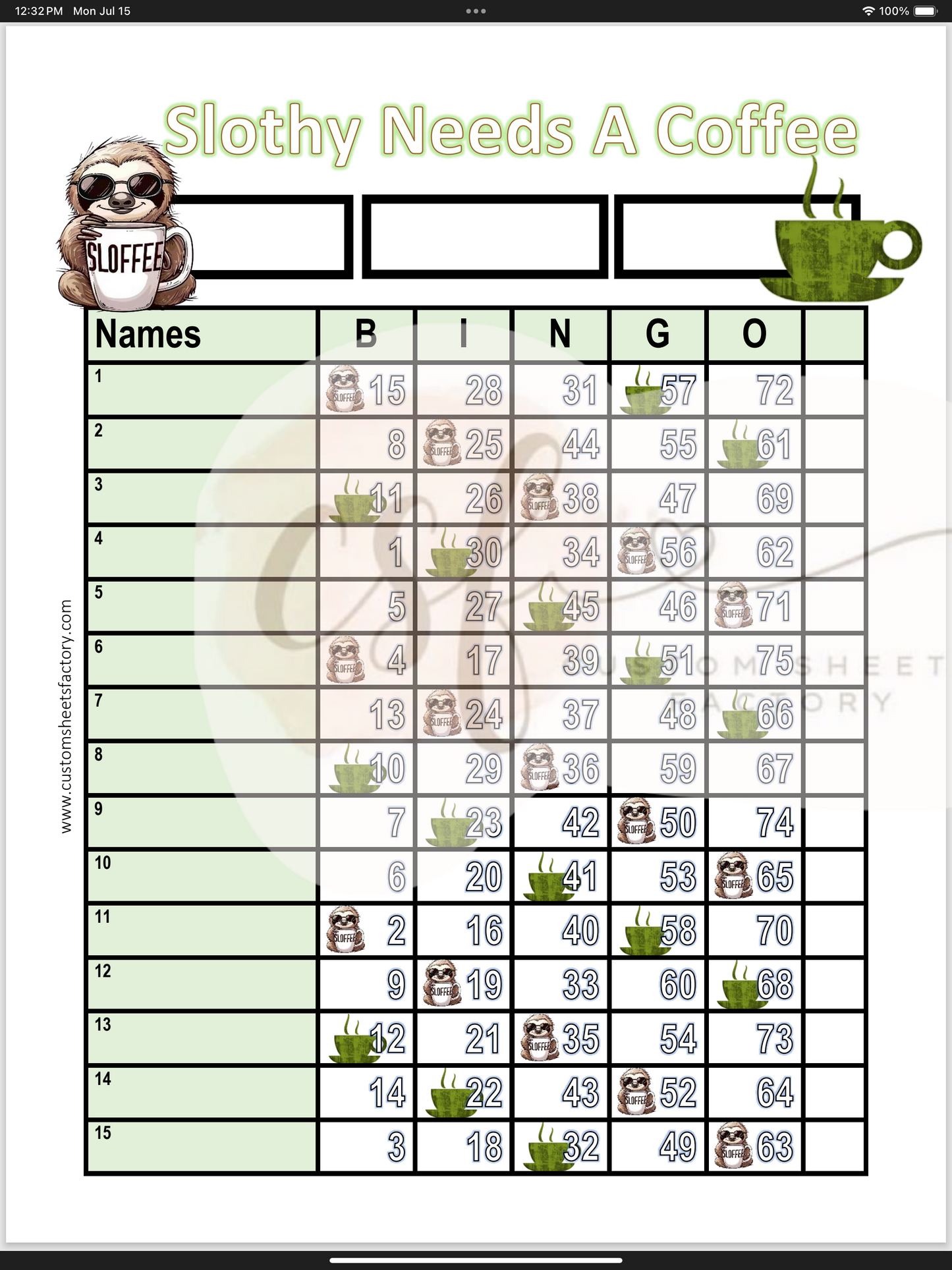 Slothy Needs a Coffee - 15 Line & Grid