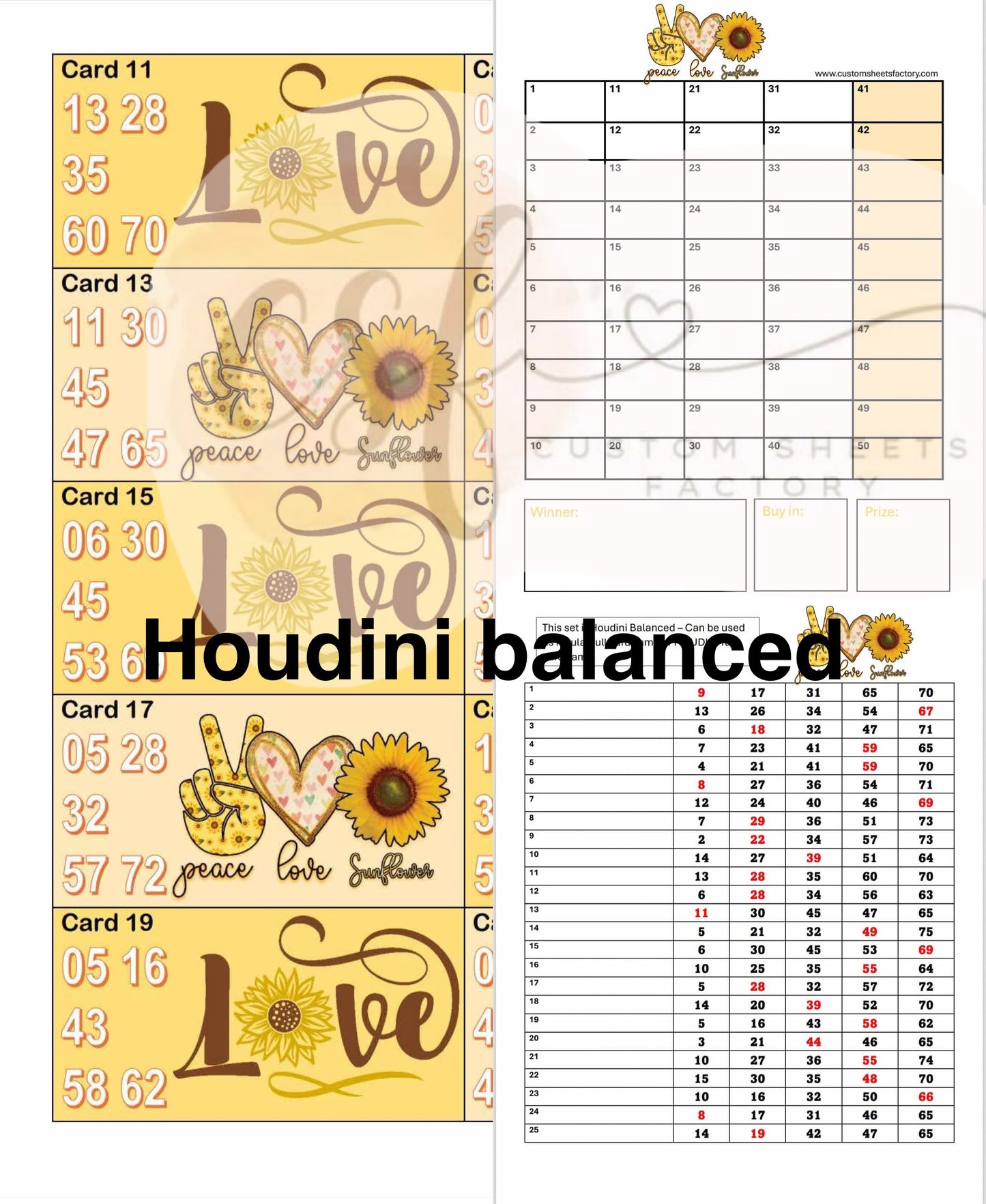 Peace Love Sunflower - Houdini Holders - 25 Cards 75 Ball