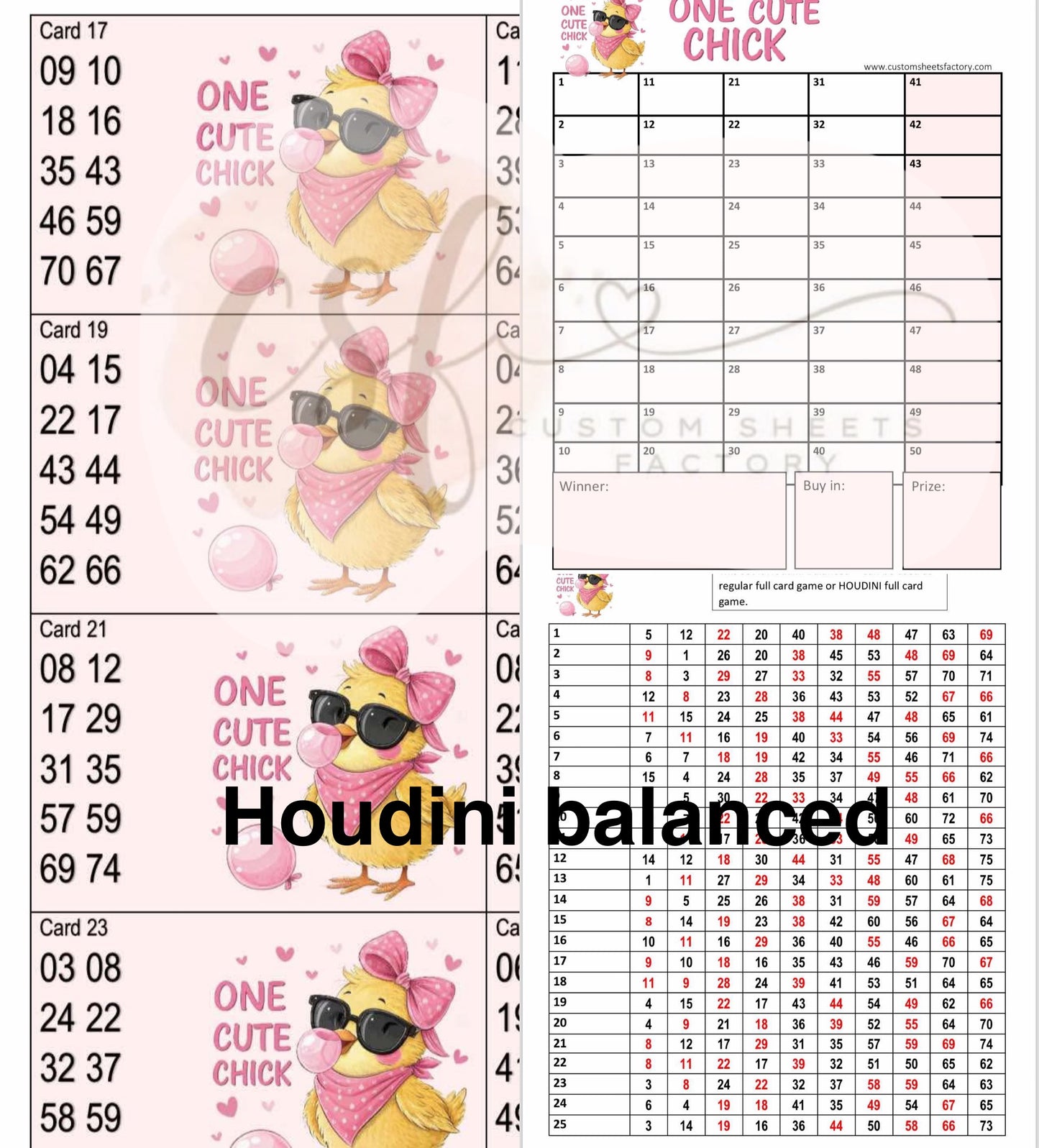 One Cute Chick - Houdini Holders - 10 Number - 25 Card - 75 Ball