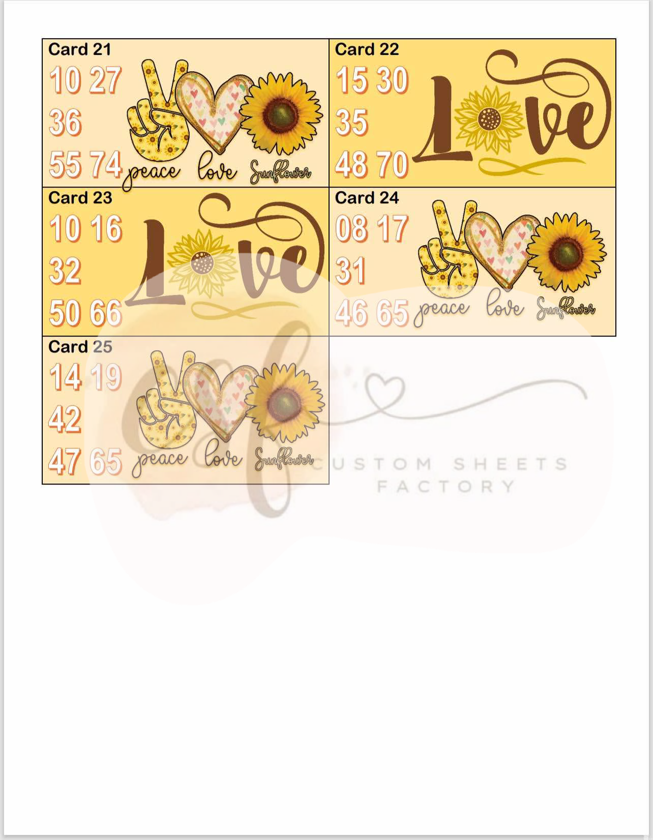 Peace Love Sunflower - Houdini Holders - 25 Cards 75 Ball