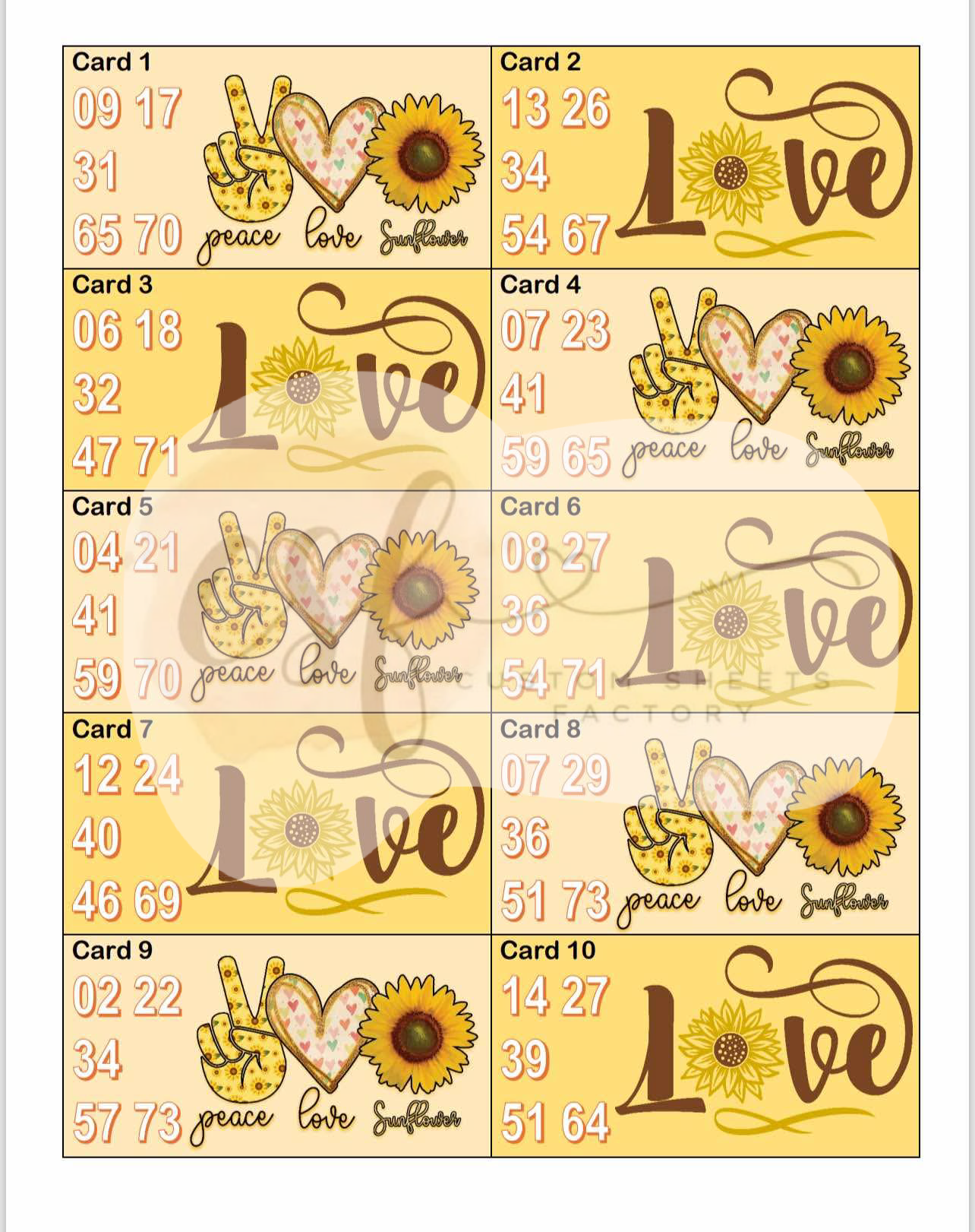 Peace Love Sunflower - Houdini Holders - 25 Cards 75 Ball