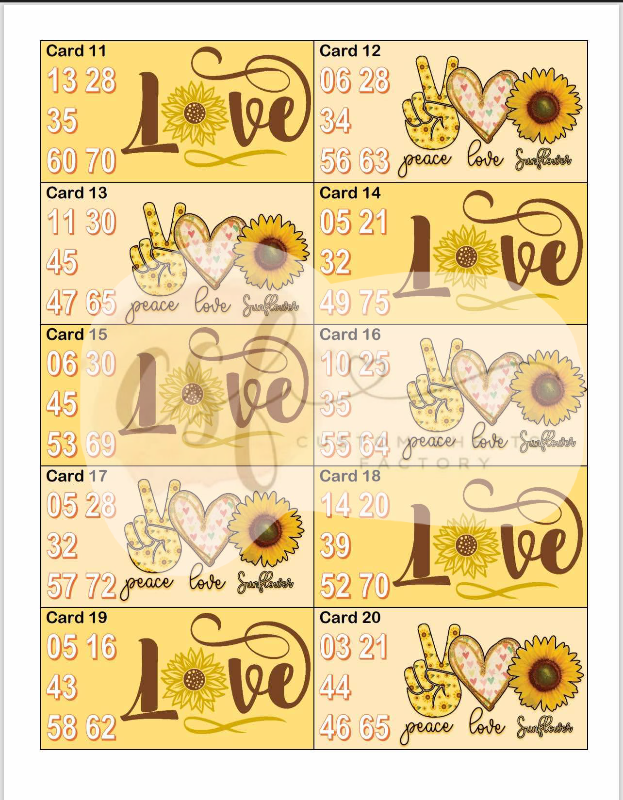 Peace Love Sunflower - Houdini Holders - 25 Cards 75 Ball