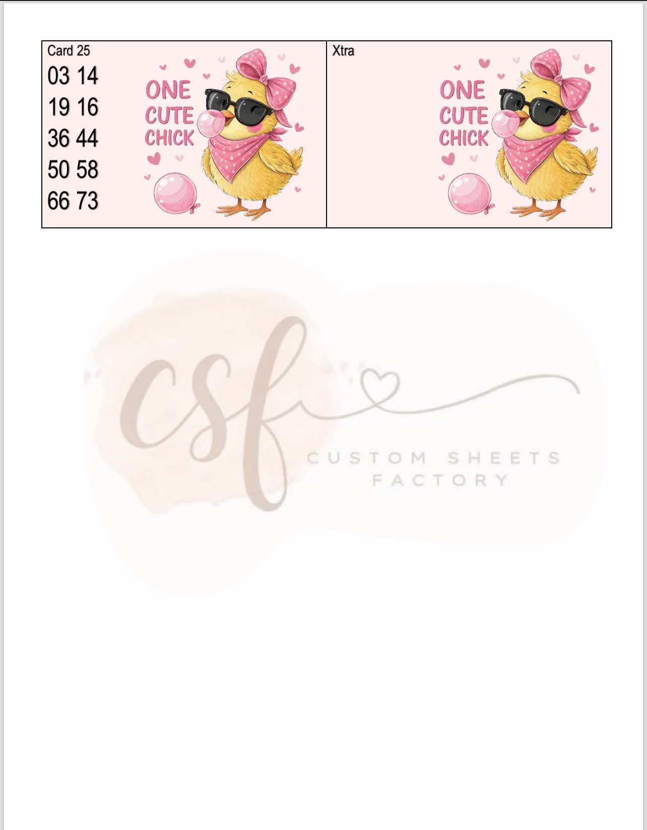 One Cute Chick - Houdini Holders - 10 Number - 25 Card - 75 Ball