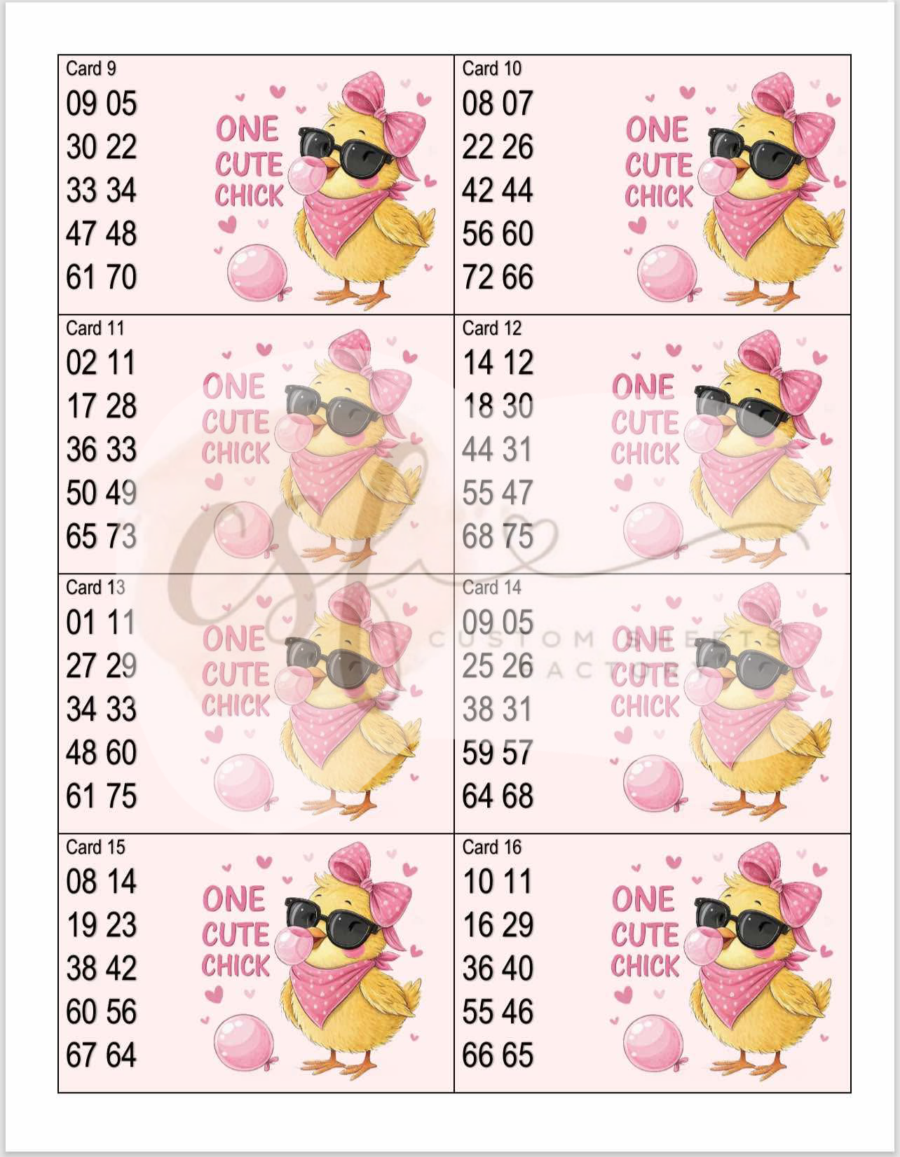 One Cute Chick - Houdini Holders - 10 Number - 25 Card - 75 Ball