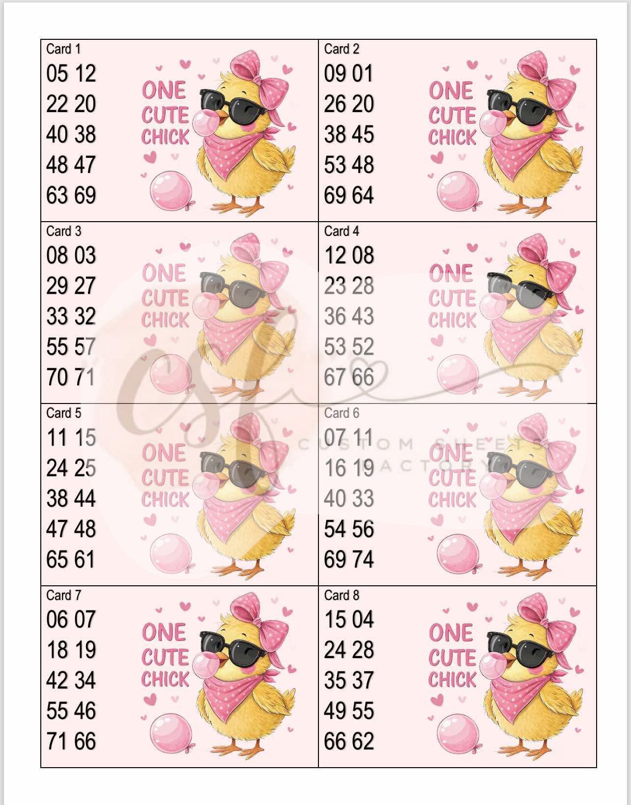 One Cute Chick - Houdini Holders - 10 Number - 25 Card - 75 Ball