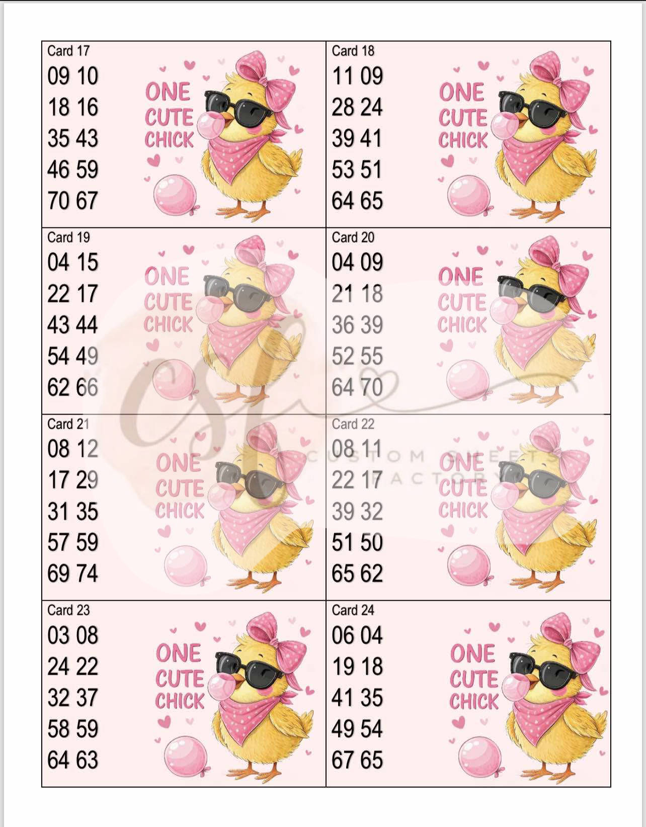 One Cute Chick - Houdini Holders - 10 Number - 25 Card - 75 Ball