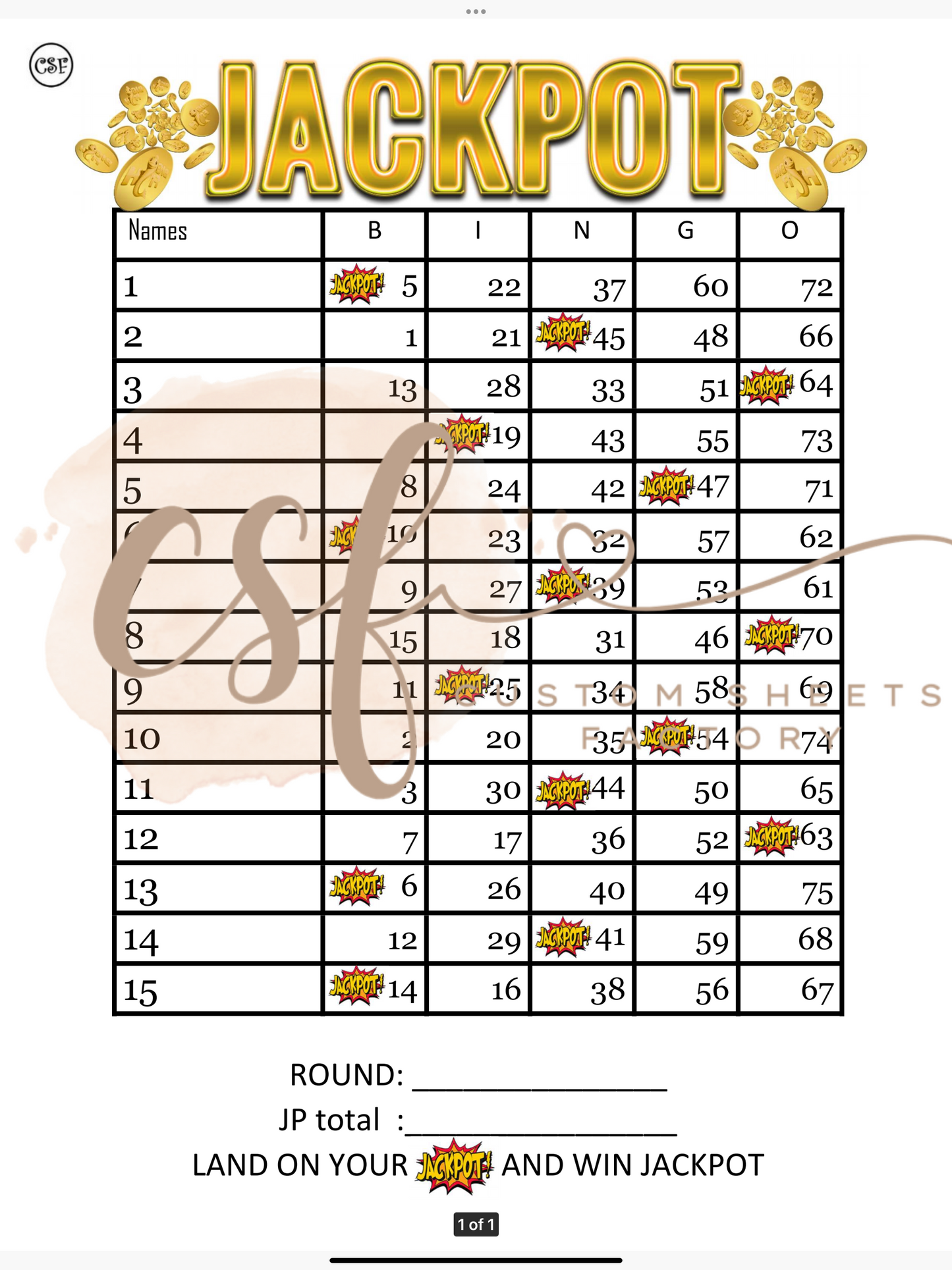 Jackpot Spot Landing - 15 line - 75 ball