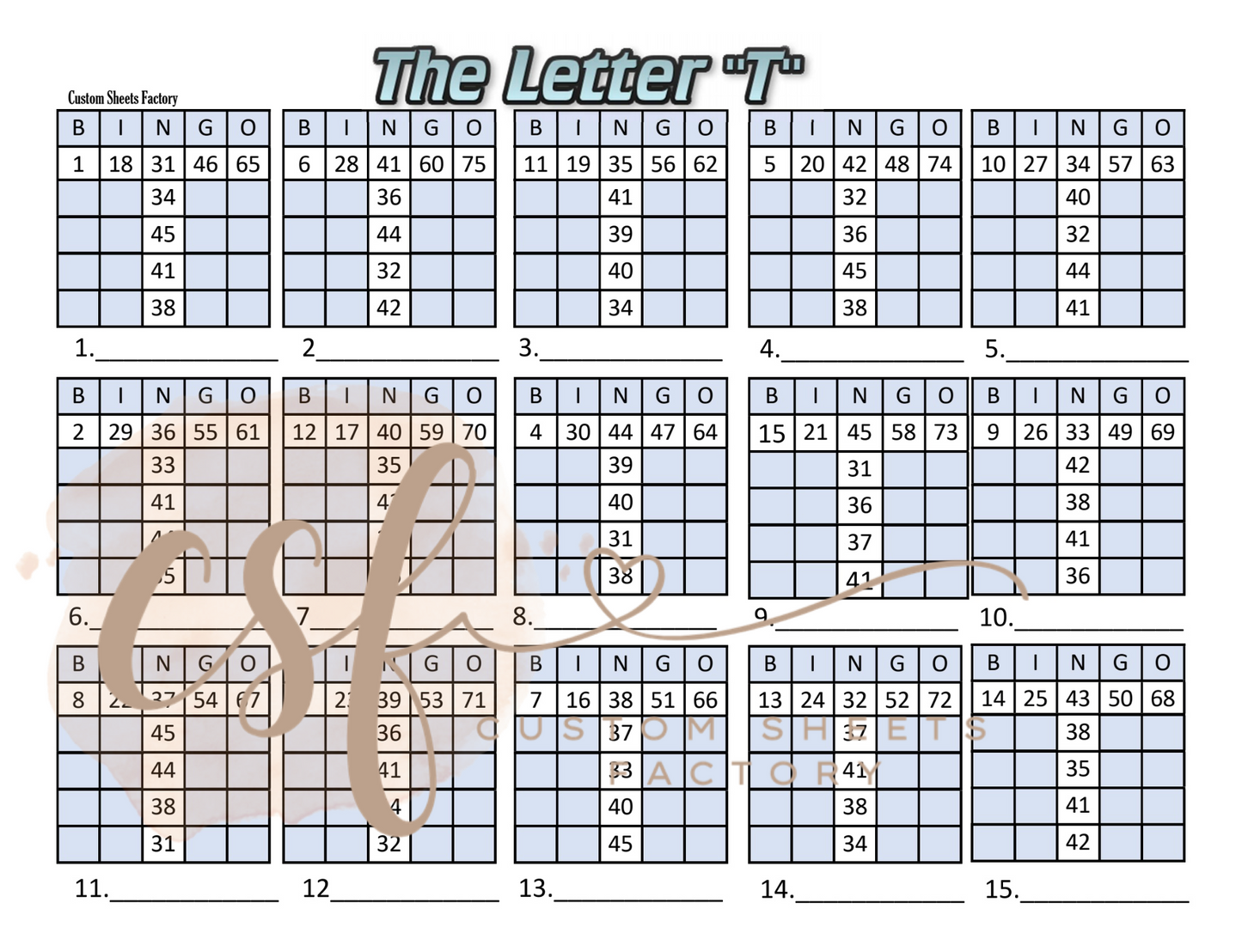 Letter T Full Card - 15 line - 75 ball - Mixed