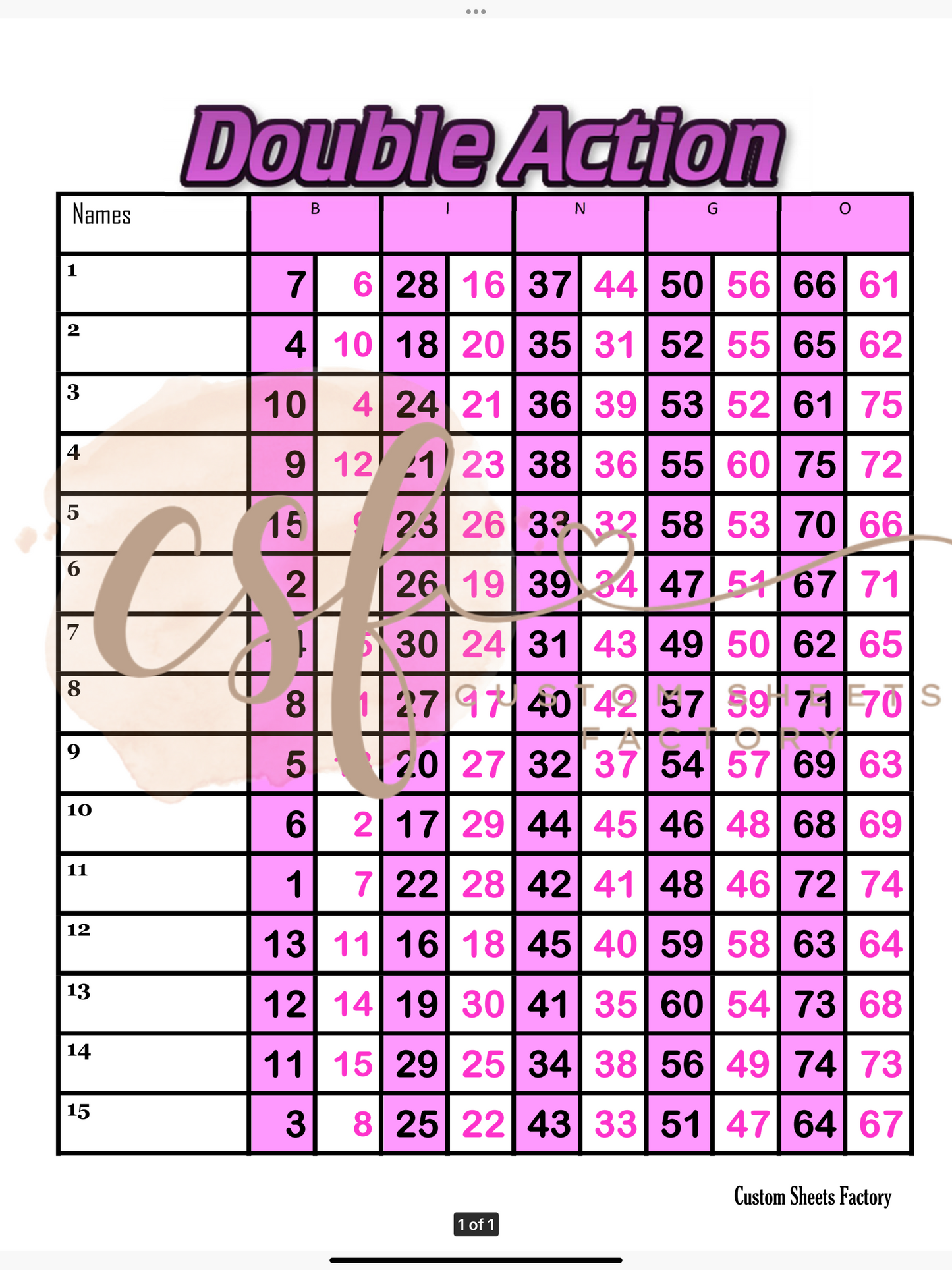 Pink Double Action - 15 line - 75 ball - Mixed