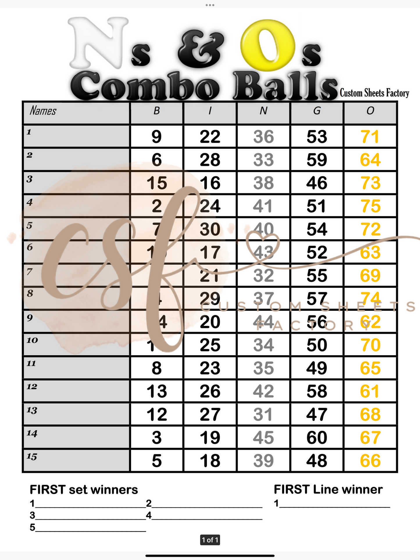 NO Combo Balls - 15 line - 75 ball