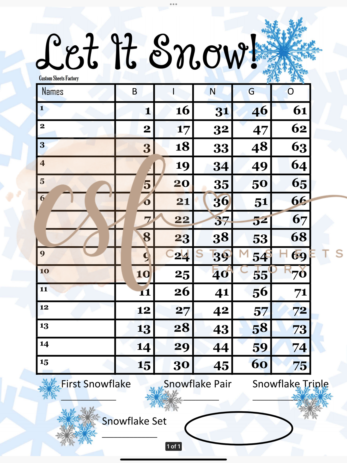 Let it Snow Sets - 15 line - 75 ball