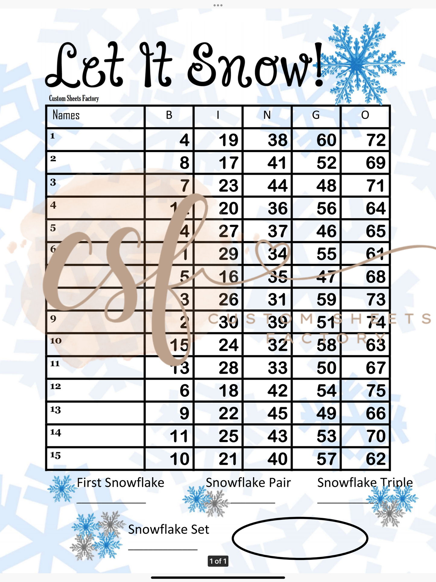 Let it Snow Sets - 15 line - 75 ball