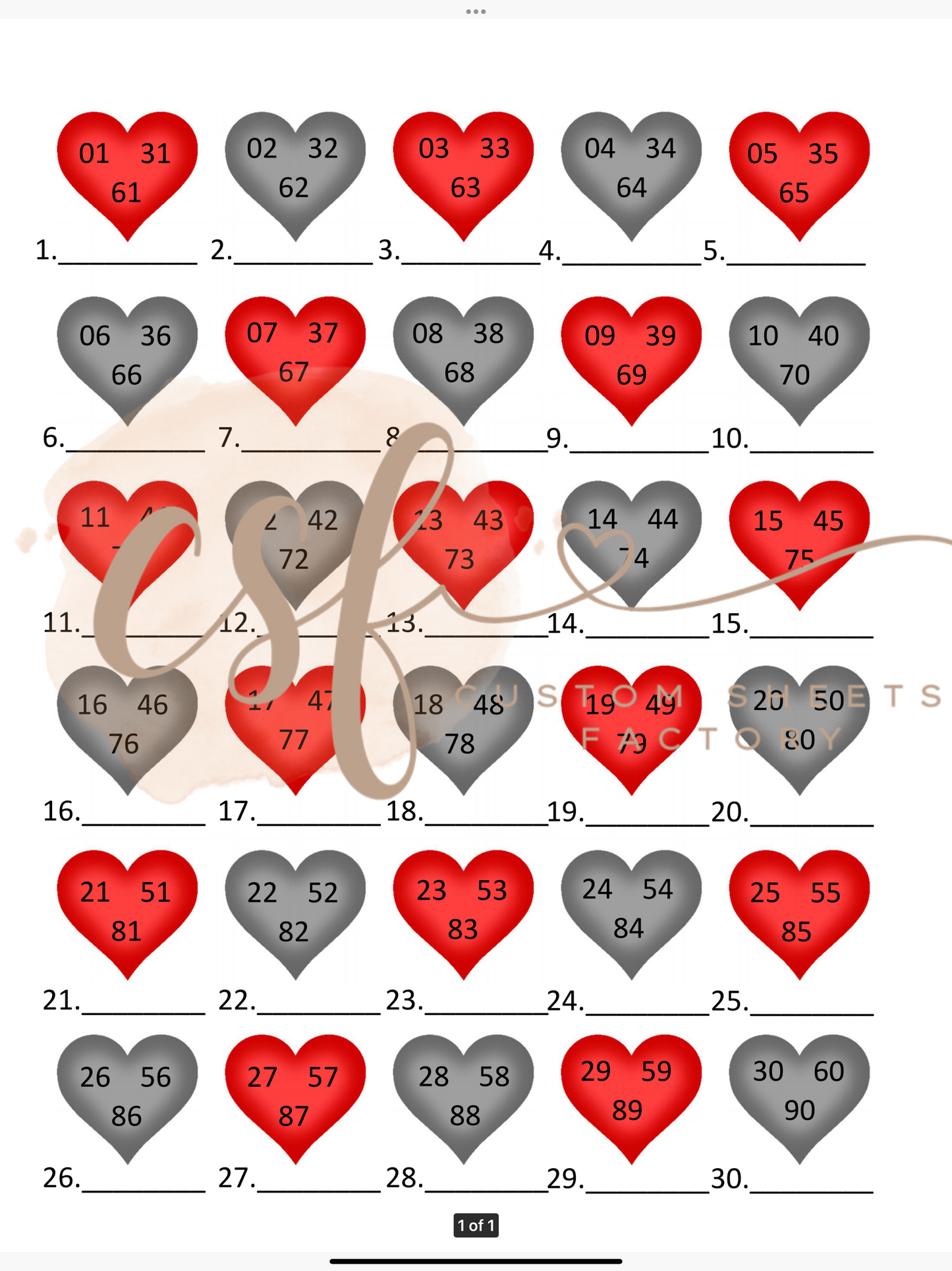 Hearts - 30 line - 90 ball