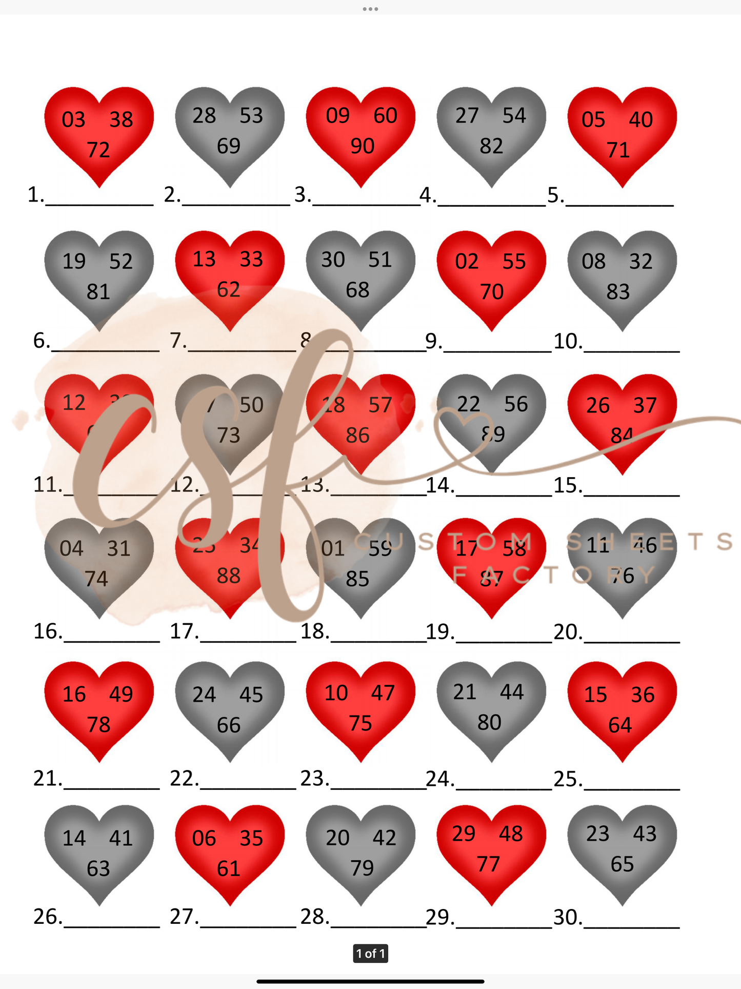 Hearts - 30 line - 90 ball