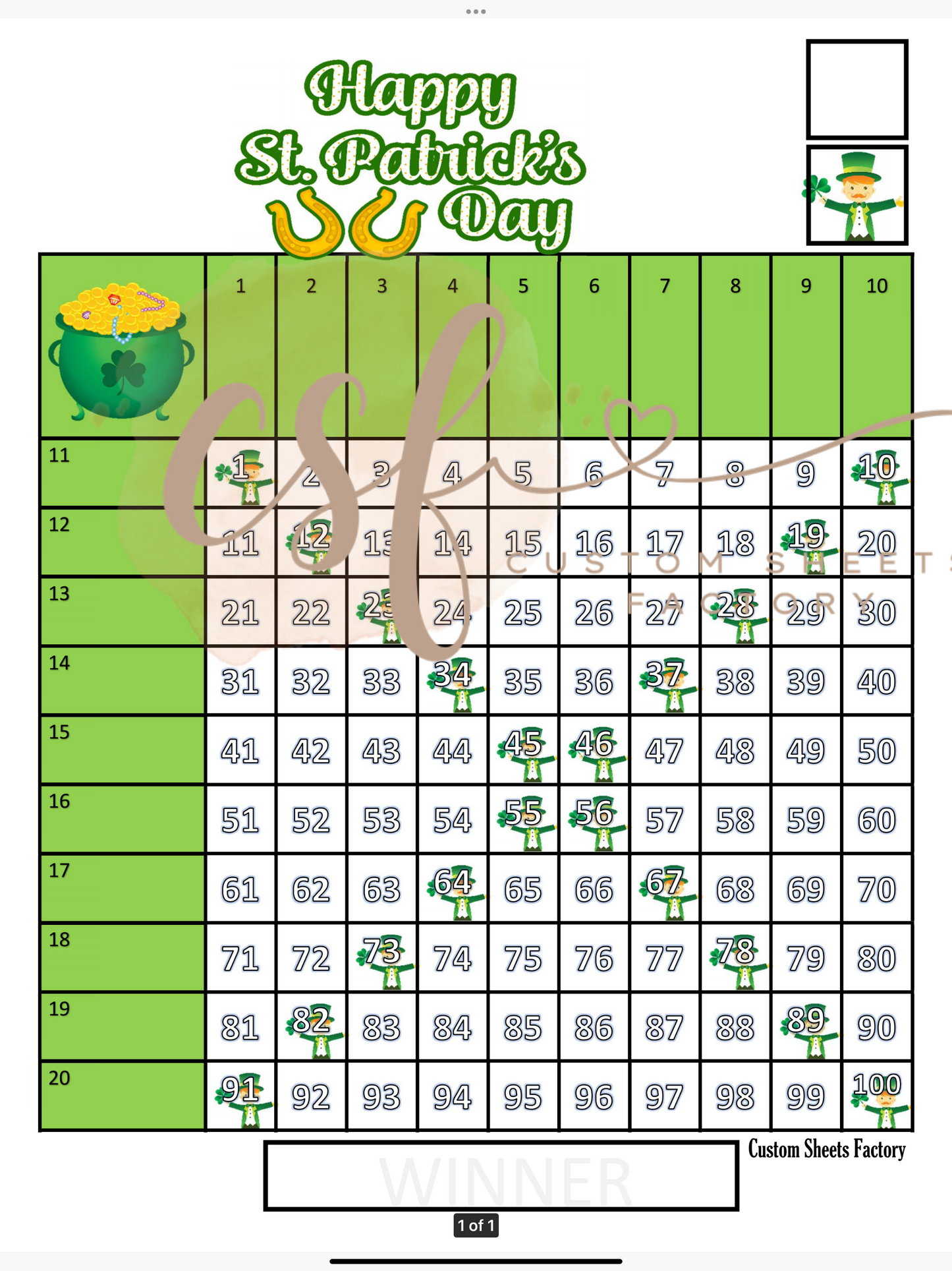 St Patrick Day Grid - 100 ball