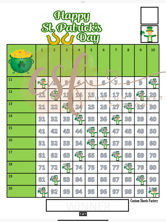 St Patrick Day Grid - 100 ball