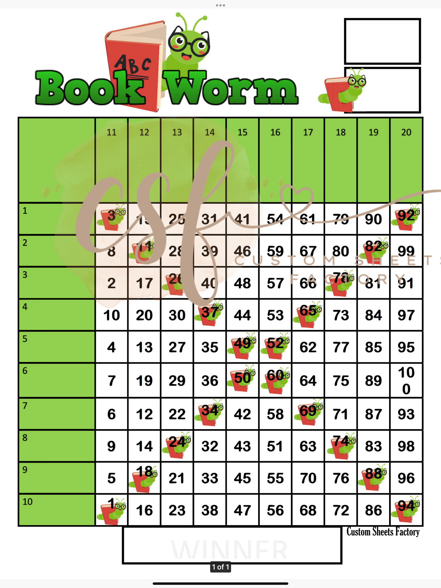 Bookworm Grid - 100 ball