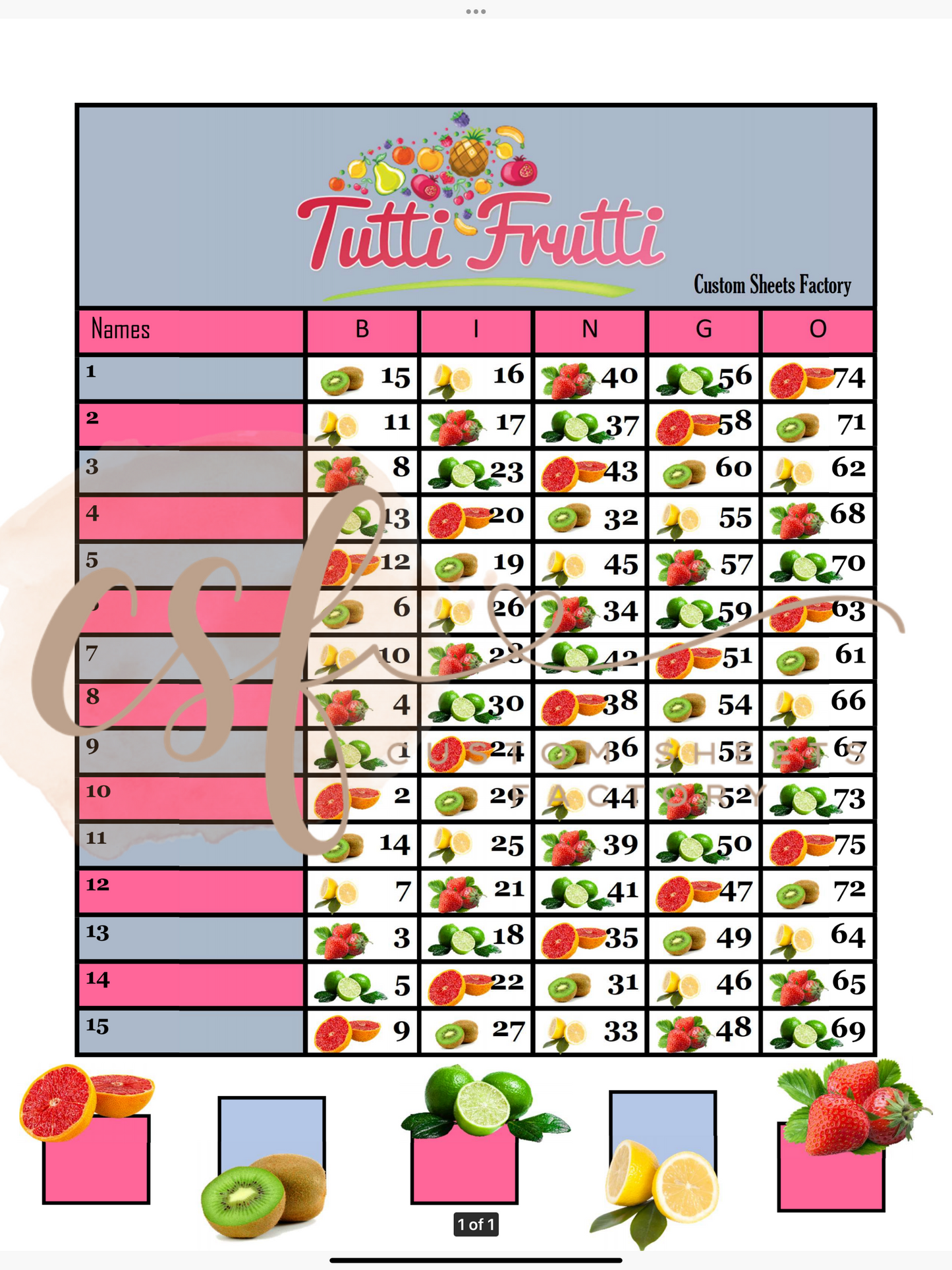 Tutti Fruity - 15 line - 75 ball