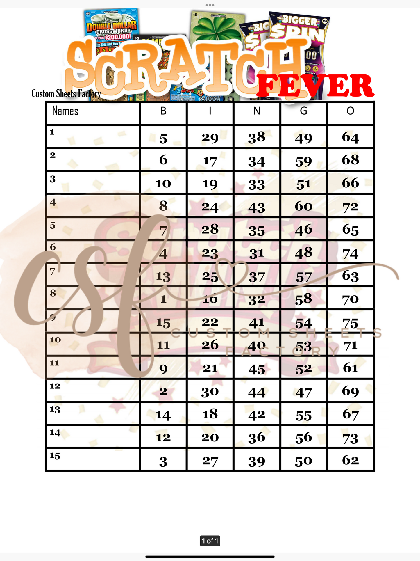 Scratch Fever - 15 line - 75 ball