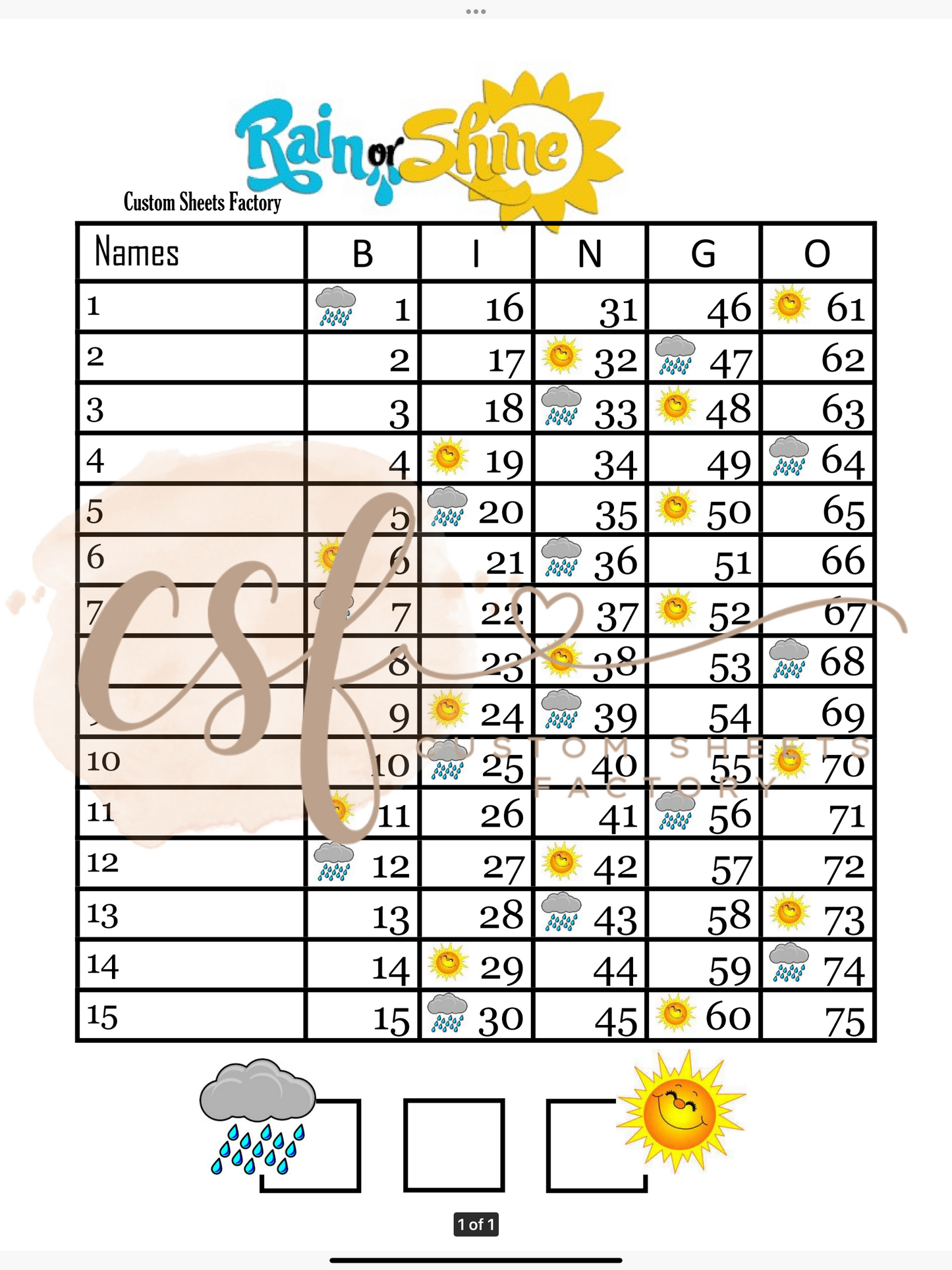 Rain or Shine - 15 line - 75 ball
