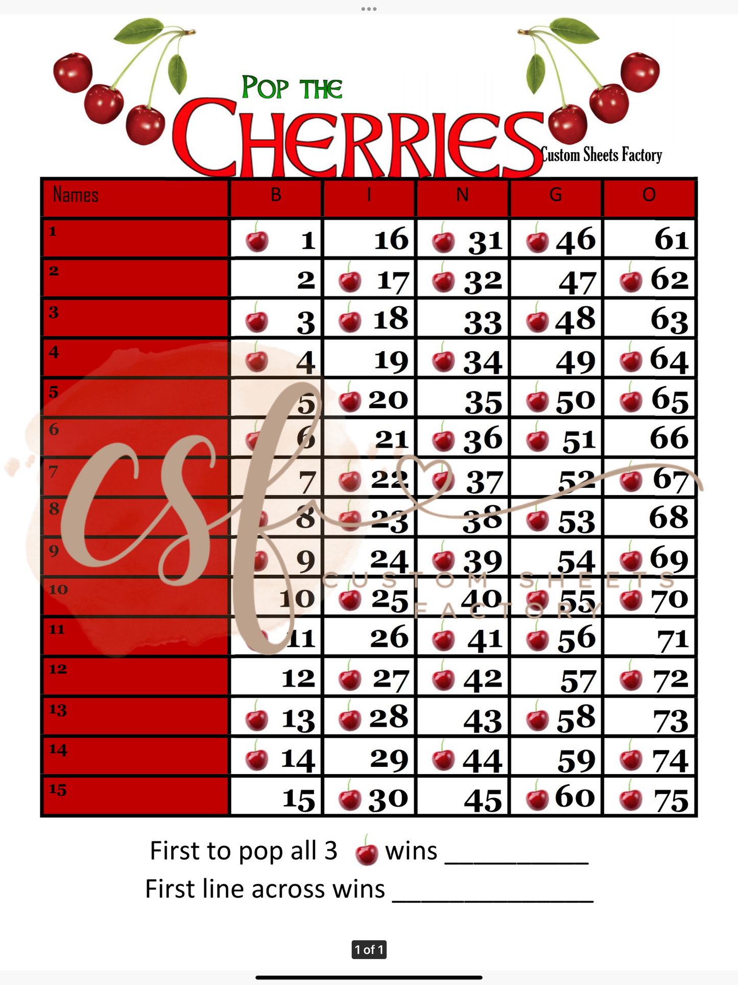 Pop the Cherry - 15 line - 75 ball