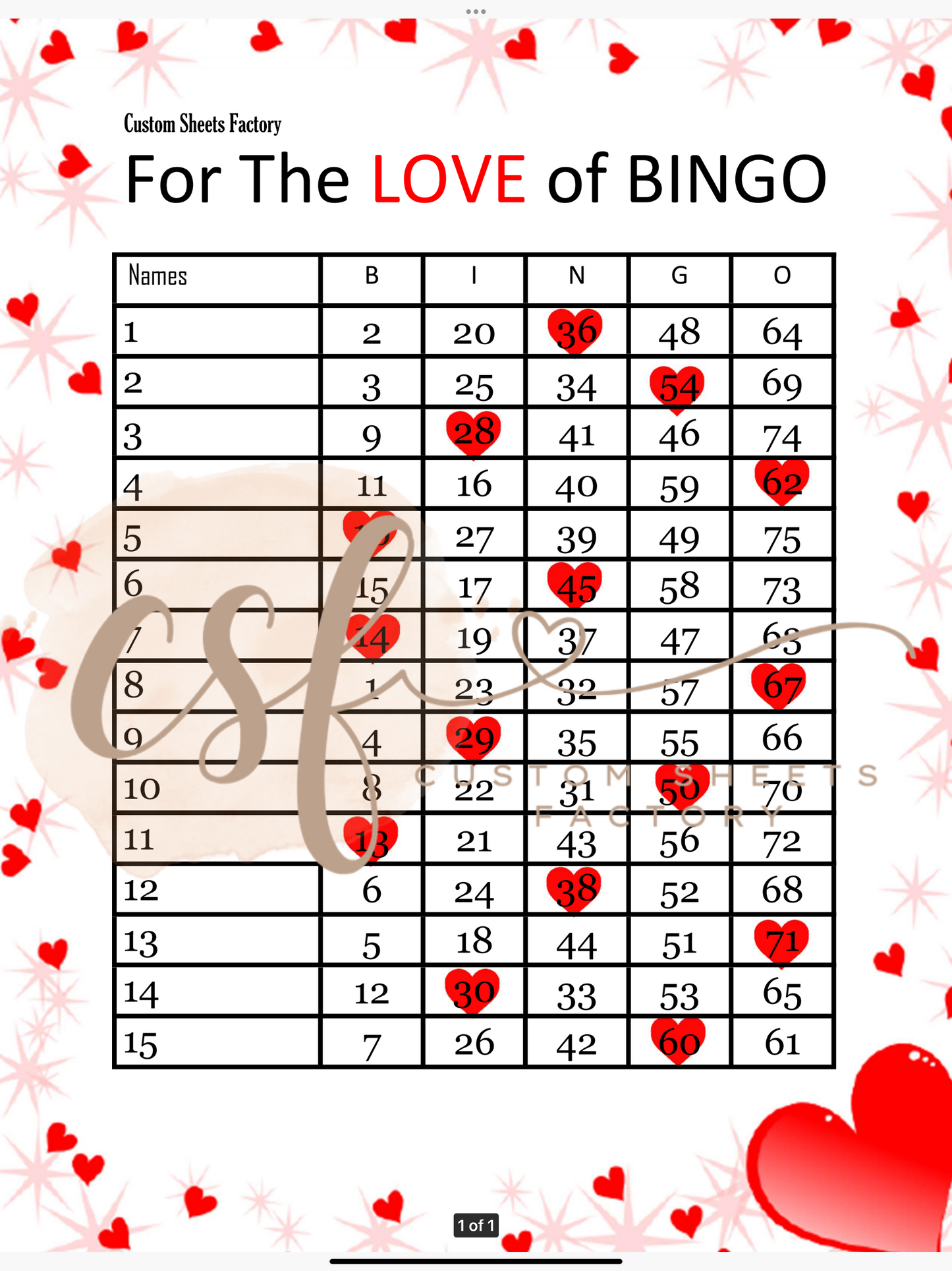 For the Love of Bingo - 15 line - 75 ball