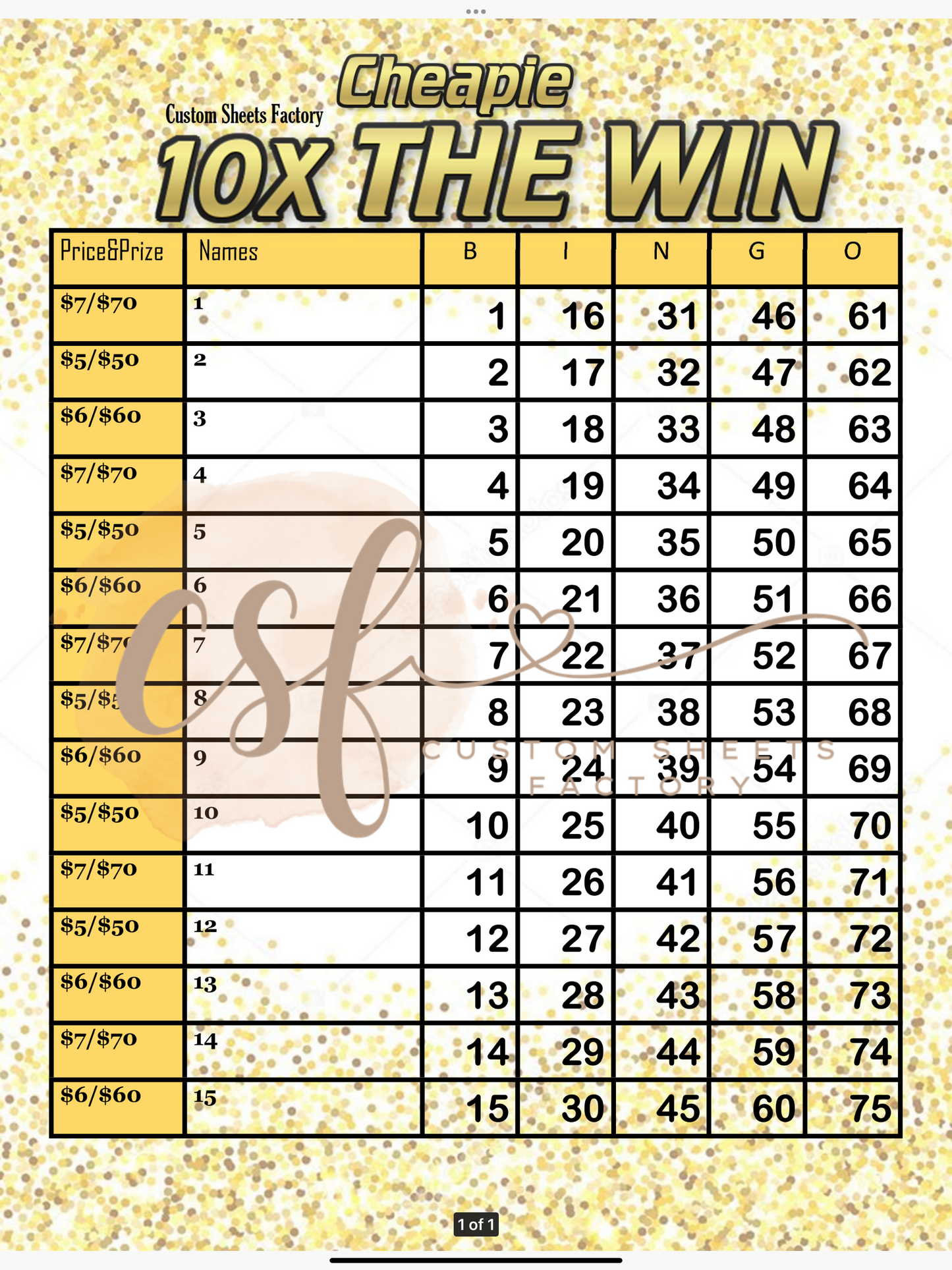 10x the win Cheapie - 15 line - 75 ball