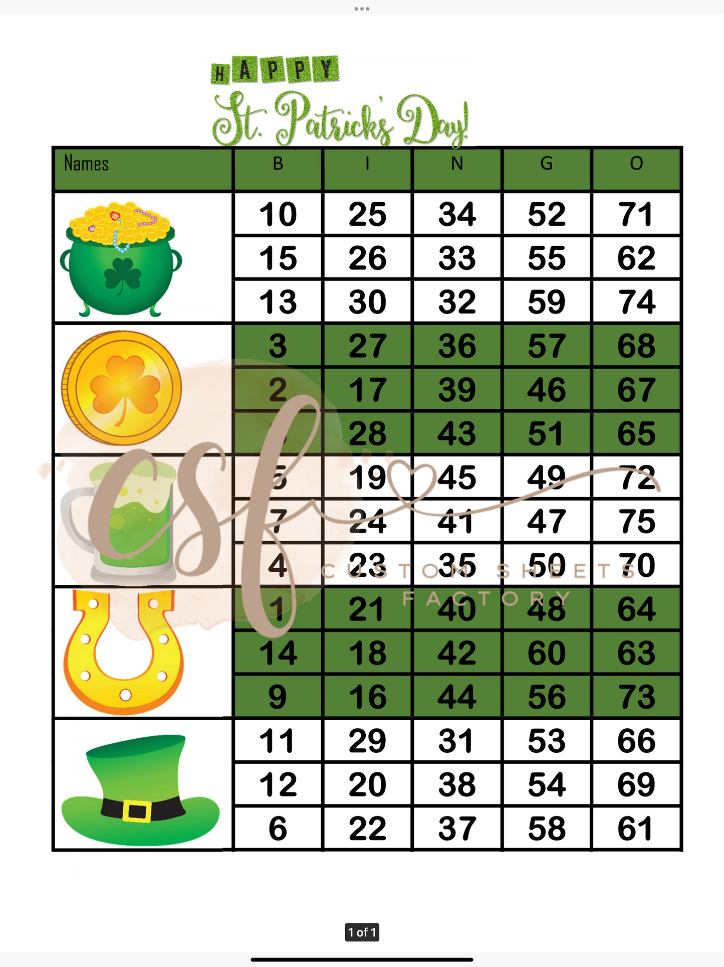 St Patricks Day Block - 5 line - 75 ball