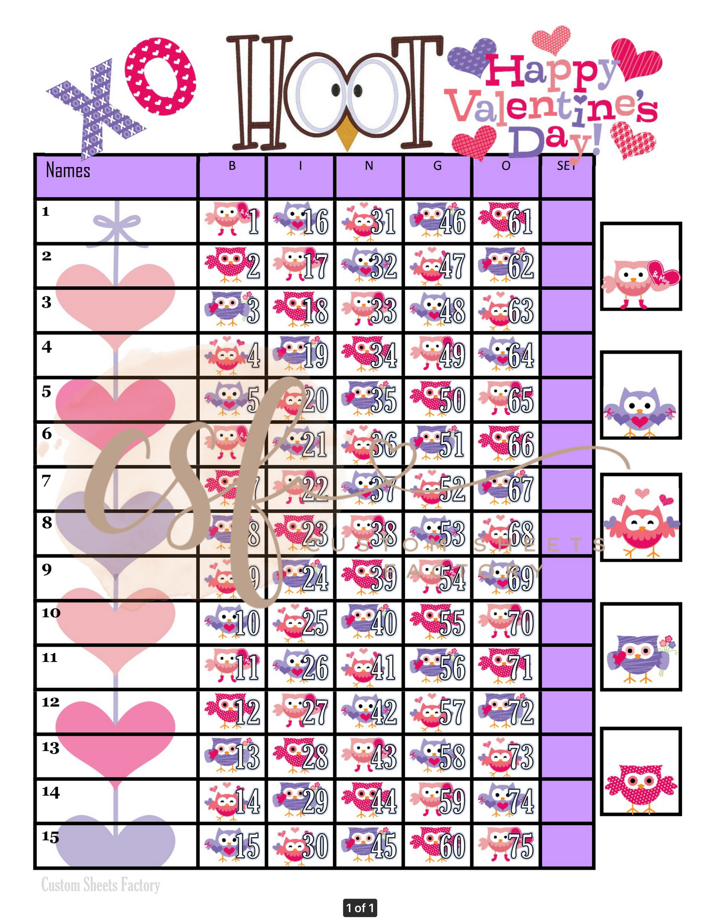 Valentines Owl - 15 line - 75 ball