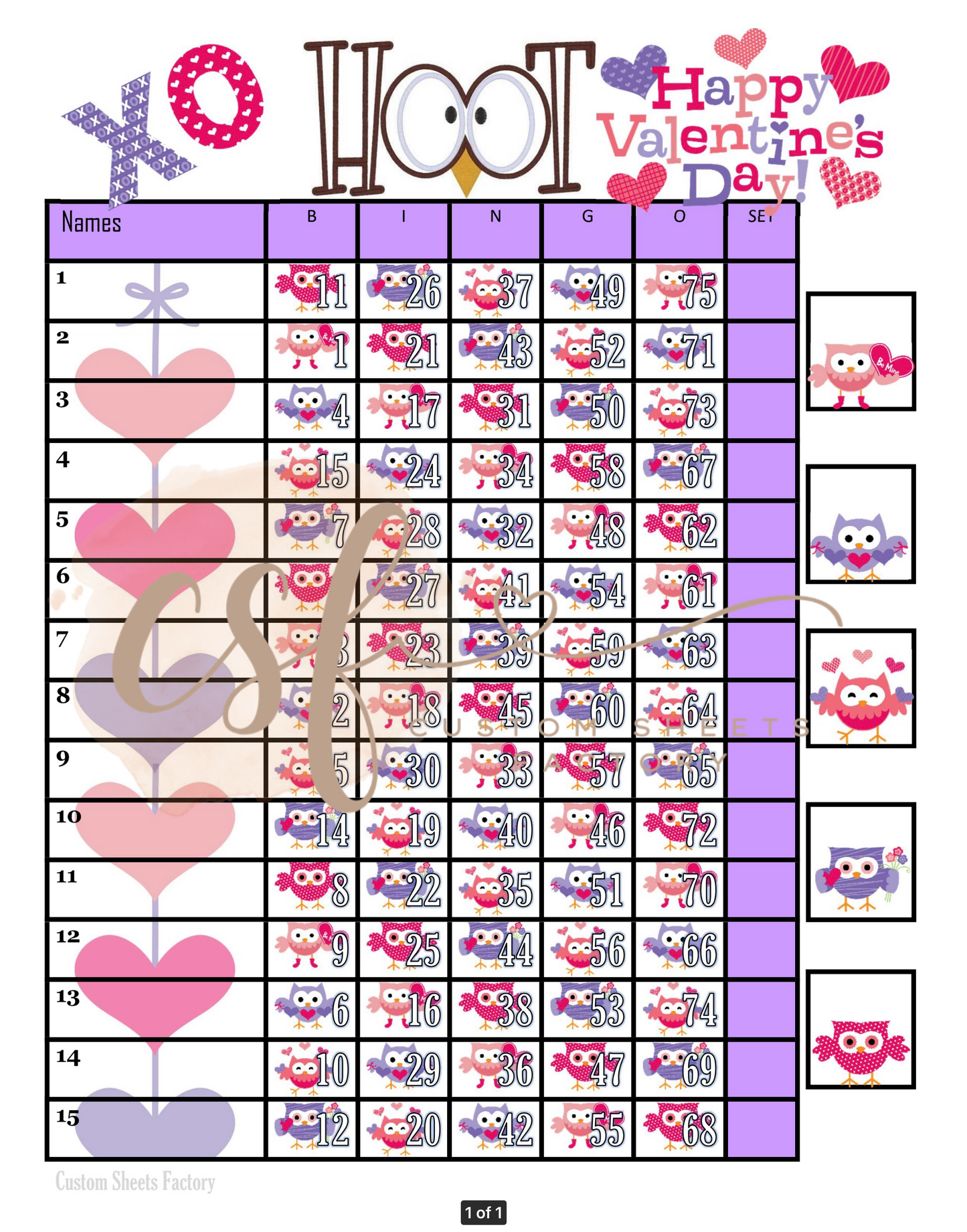 Valentines Owl - 15 line - 75 ball