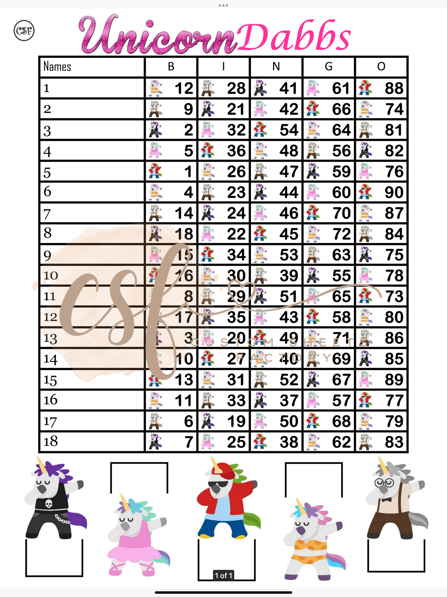 Unicorn Dabs - 18 lines - 90 ball