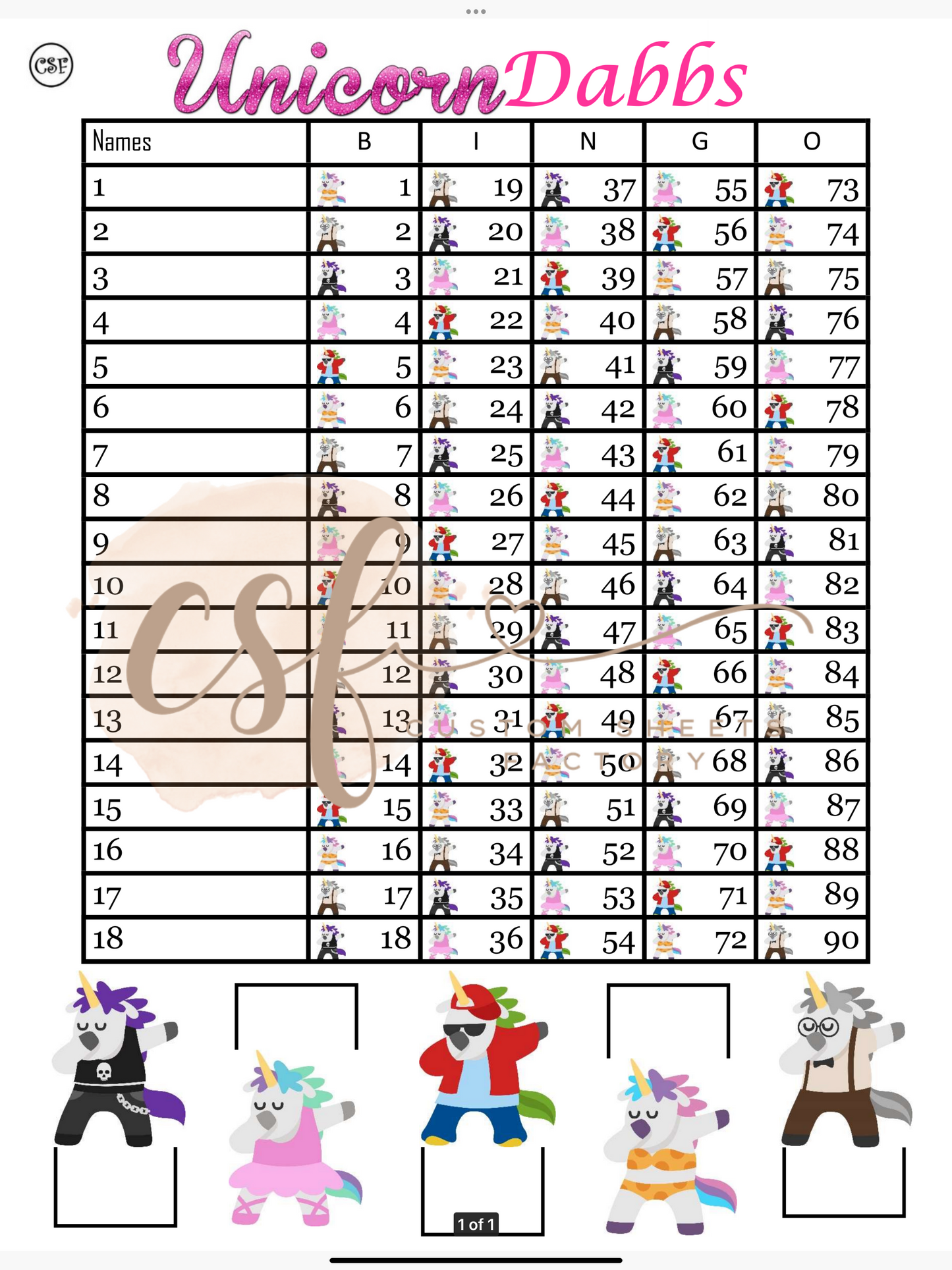 Unicorn Dabs - 18 lines - 90 ball