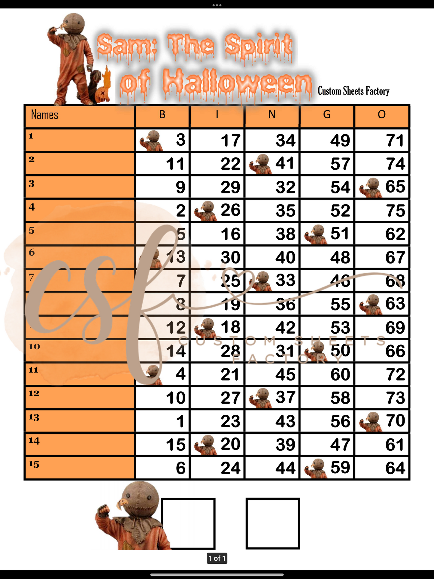 Halloween Sam - 15 line - 75 ball