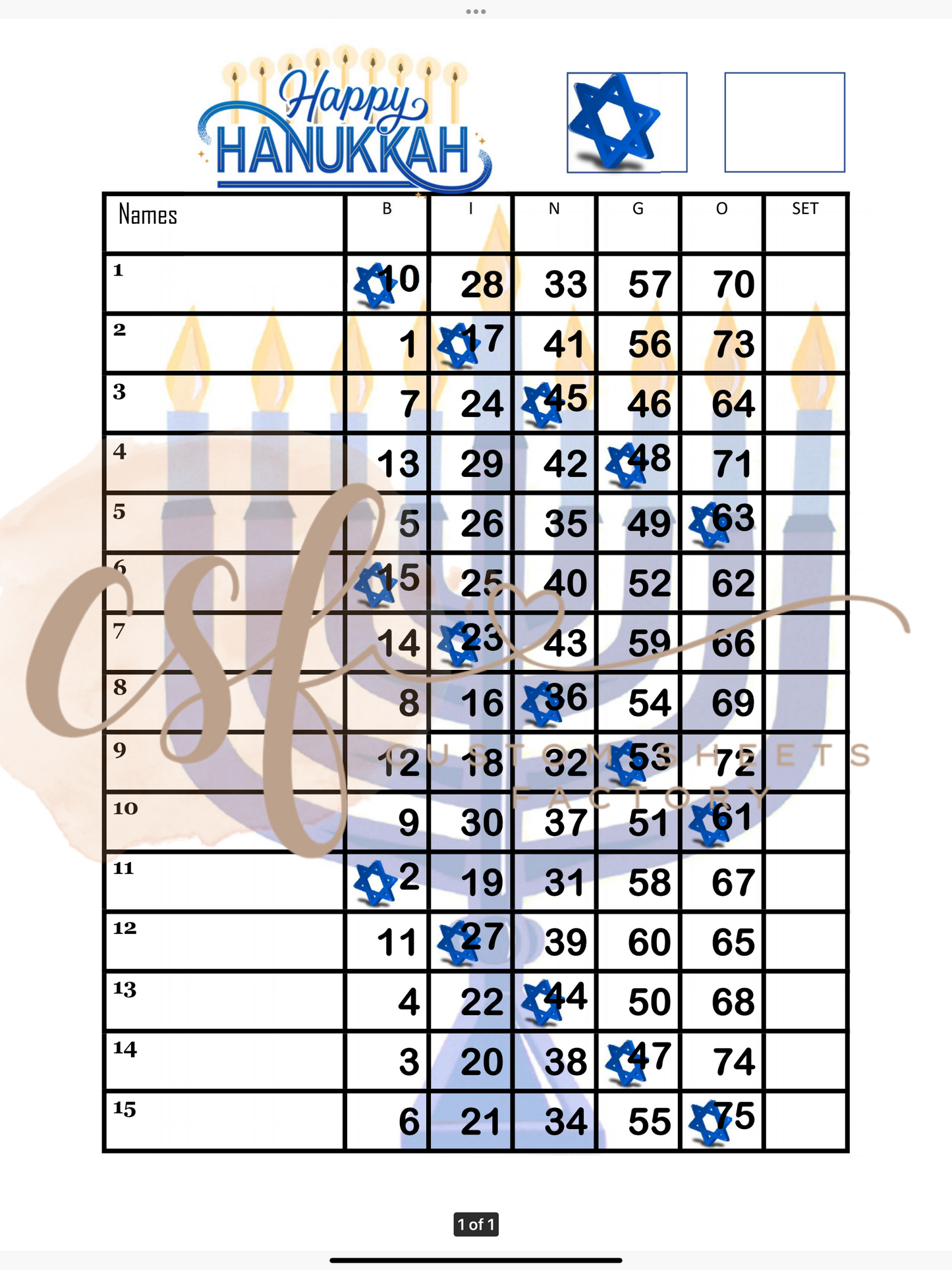 Happy Hanakkah - 15 line - 75 ball
