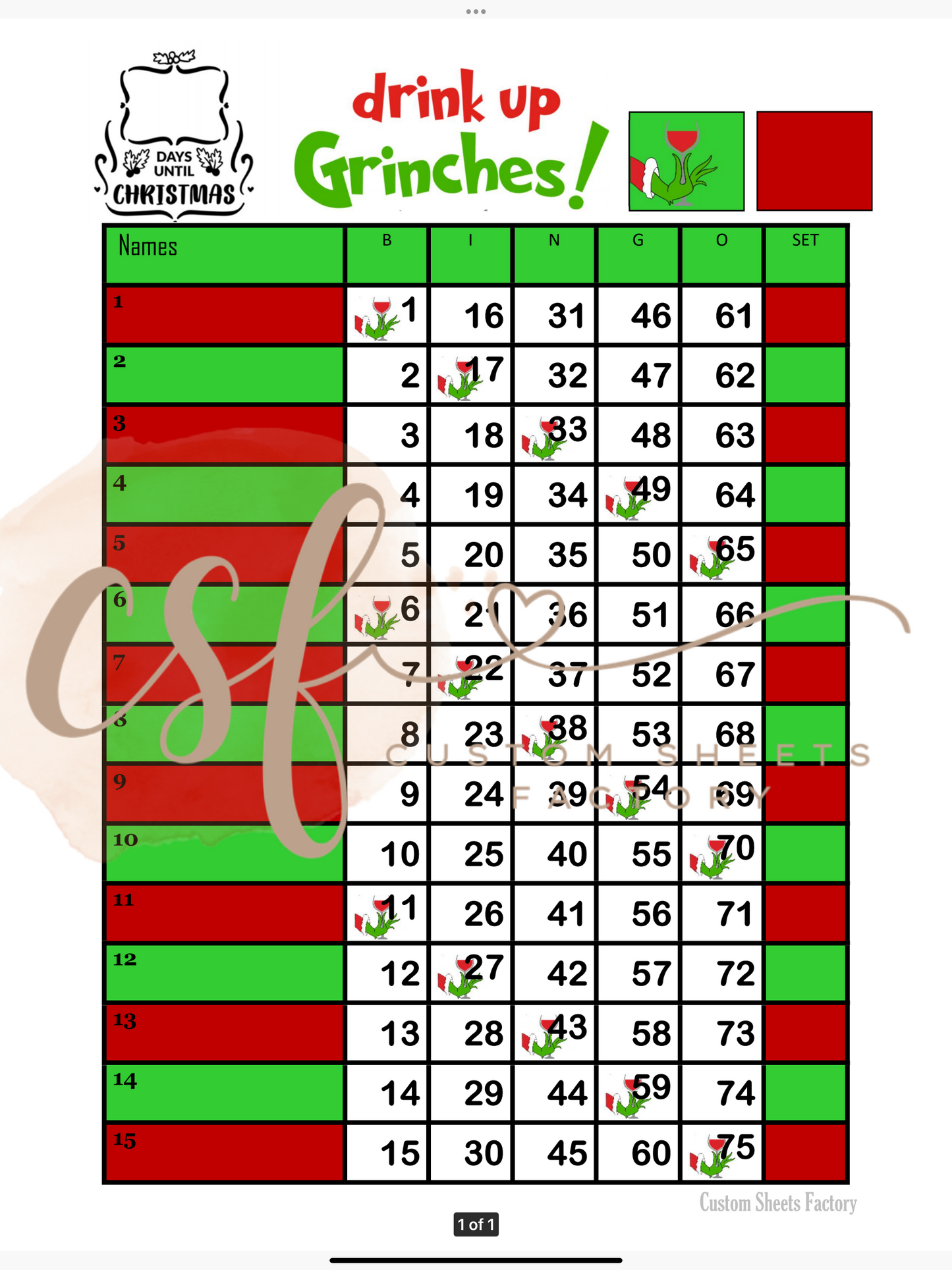 Drink up Grinches - 15 line - 75 ball