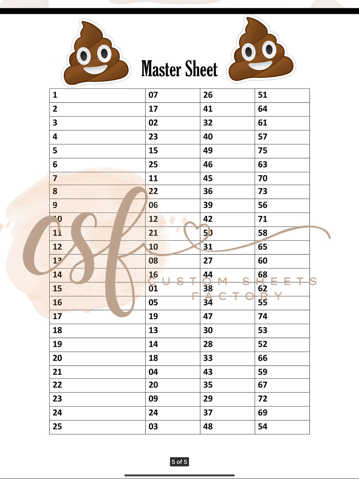 Poop Holders -3 Numbers - 25 Cards