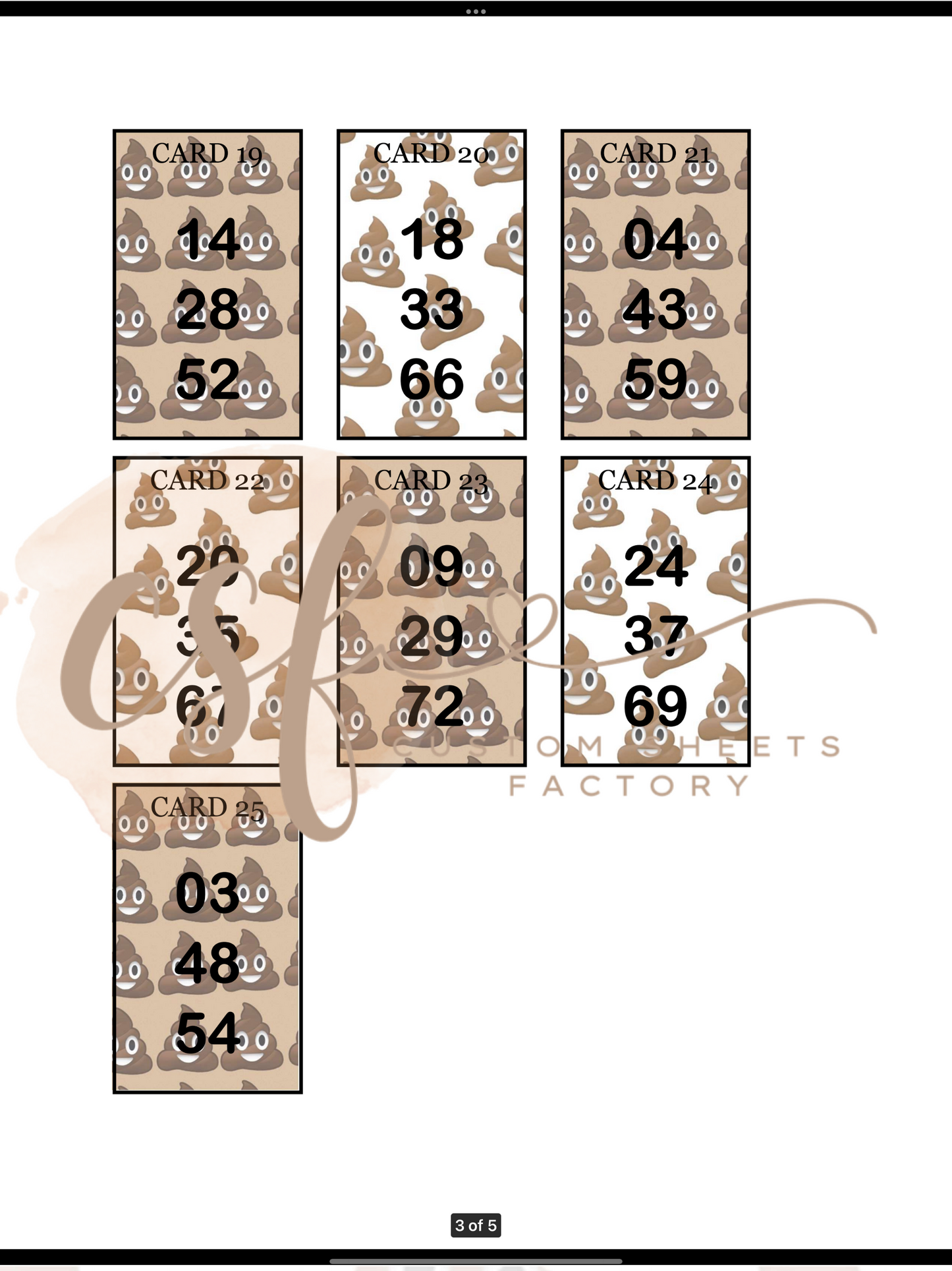 Poop Holders -3 Numbers - 25 Cards