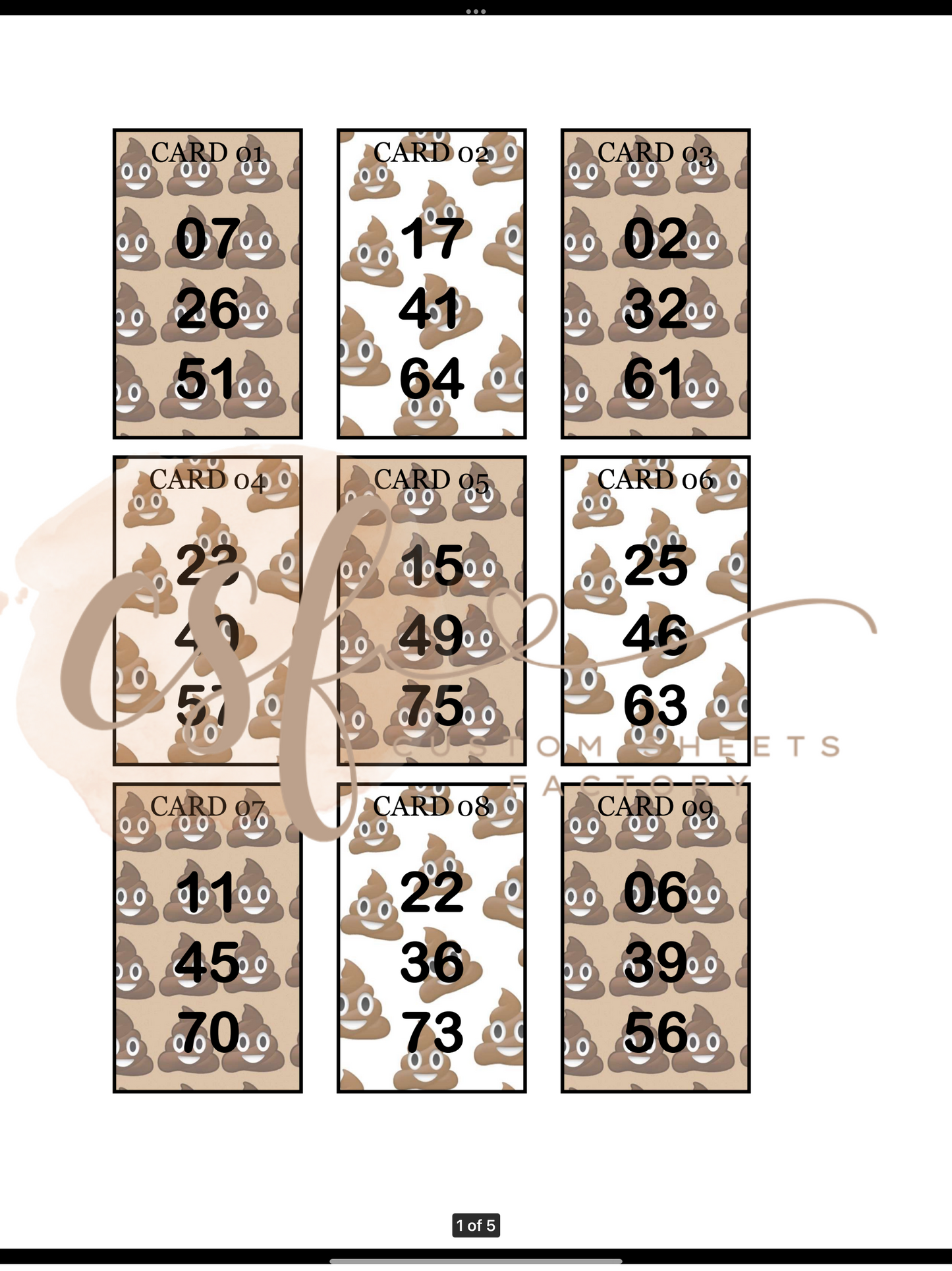 Poop Holders -3 Numbers - 25 Cards