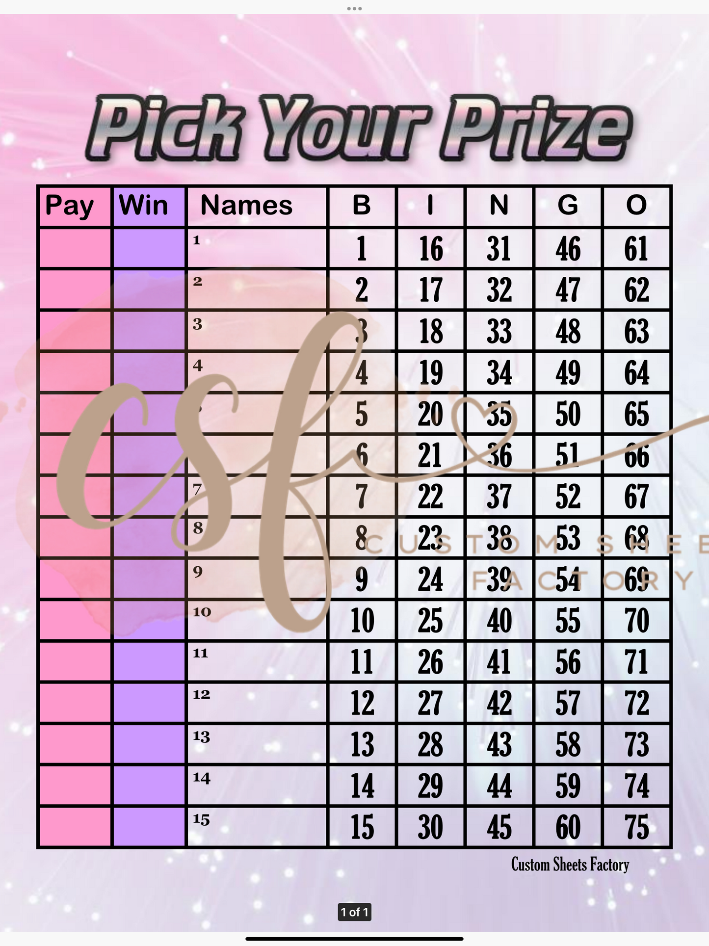 Pick your Prize - Various Designs - 75 ball