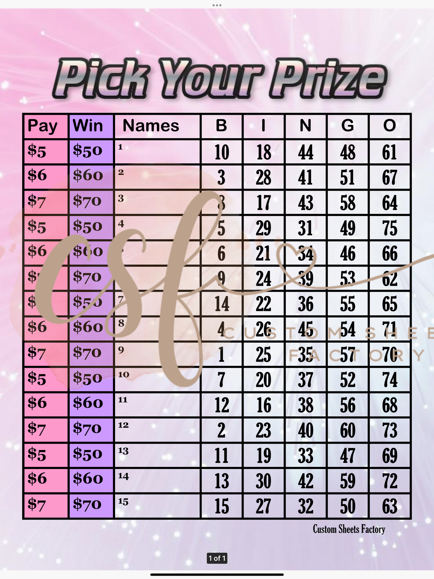 Pick your Prize - Various Designs - 75 ball
